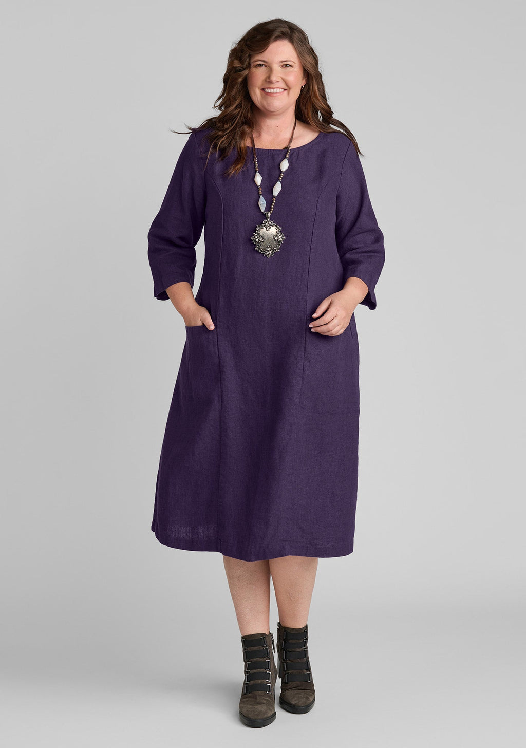 Slouch Pocket Linen Shift Dress for Women - Aubergine