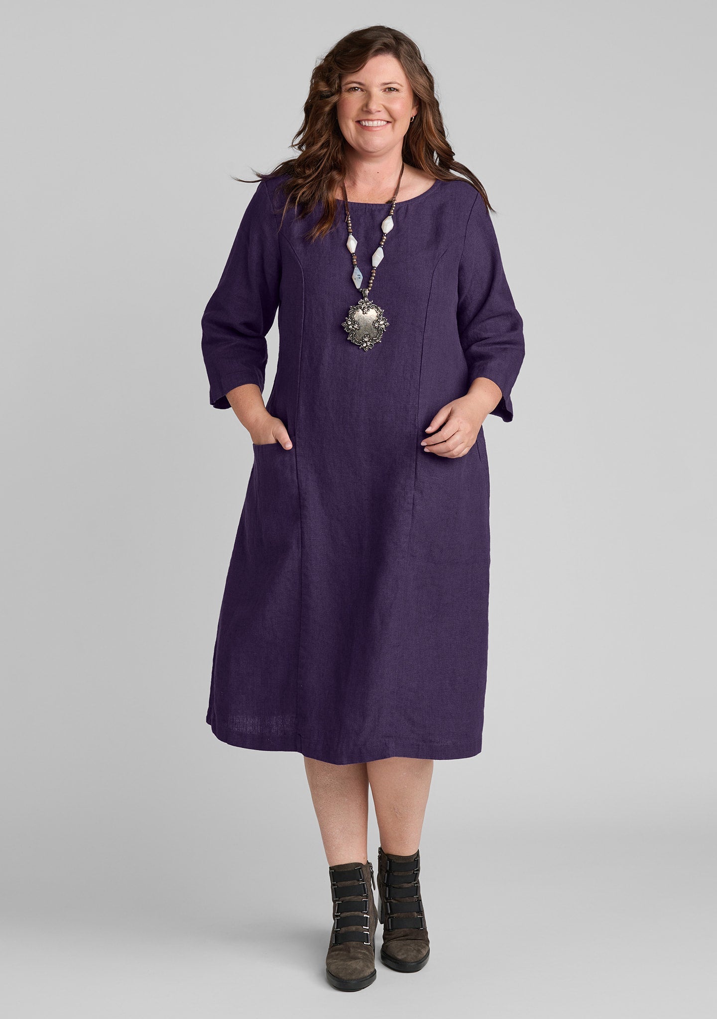 Slouch Pocket Linen Shift Dress for Women - Aubergine