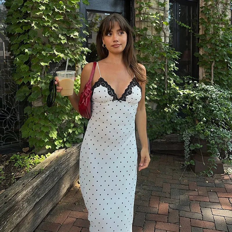 Celeste Lace Trim Polka Dot Dress for Women - White