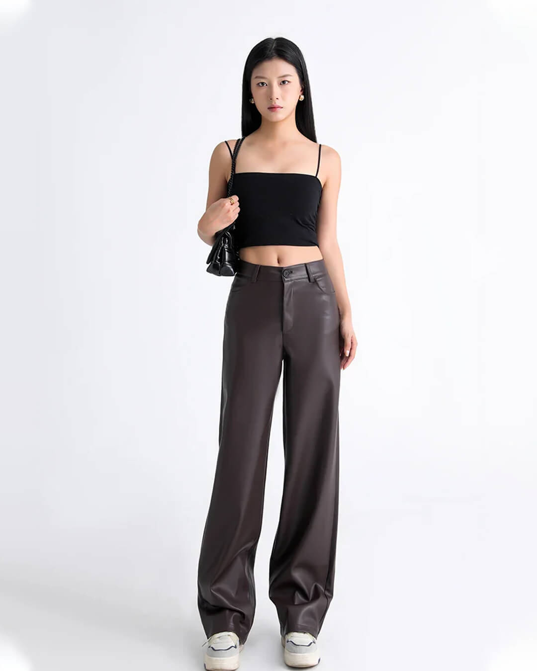 Giselle High Waisted Leather Pants Trousers for Women - Coffee