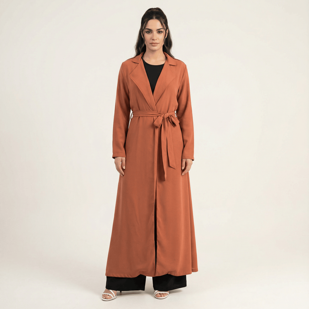 Dark Orange Chiffon Maxi Trench Coat for Women — Modest Layering
