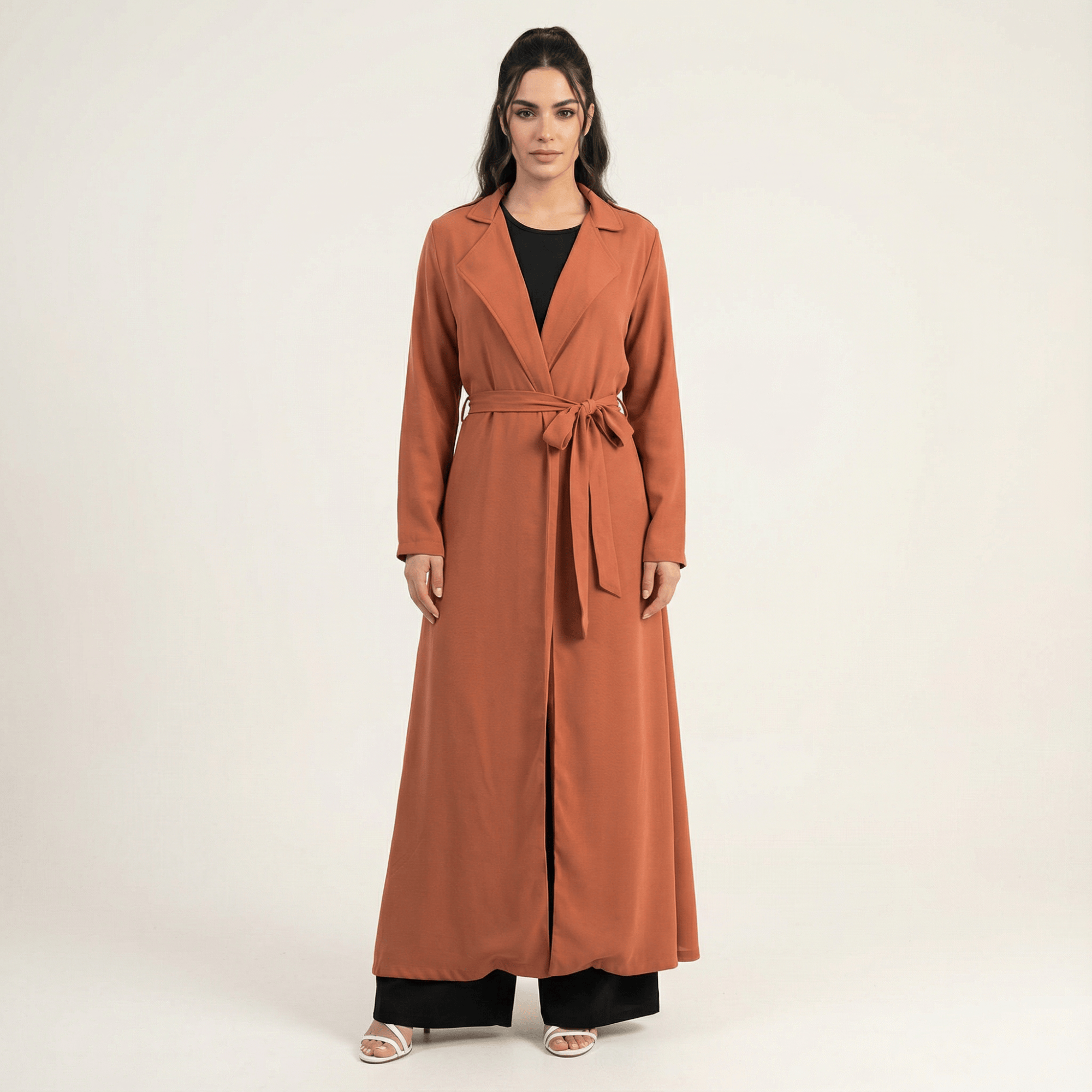 Dark Orange Chiffon Maxi Trench Coat for Women — Modest Layering