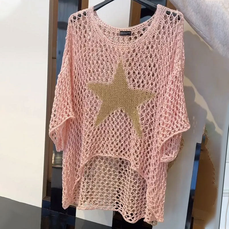 Women's Round Neck Crochet Knit Mesh Blouse