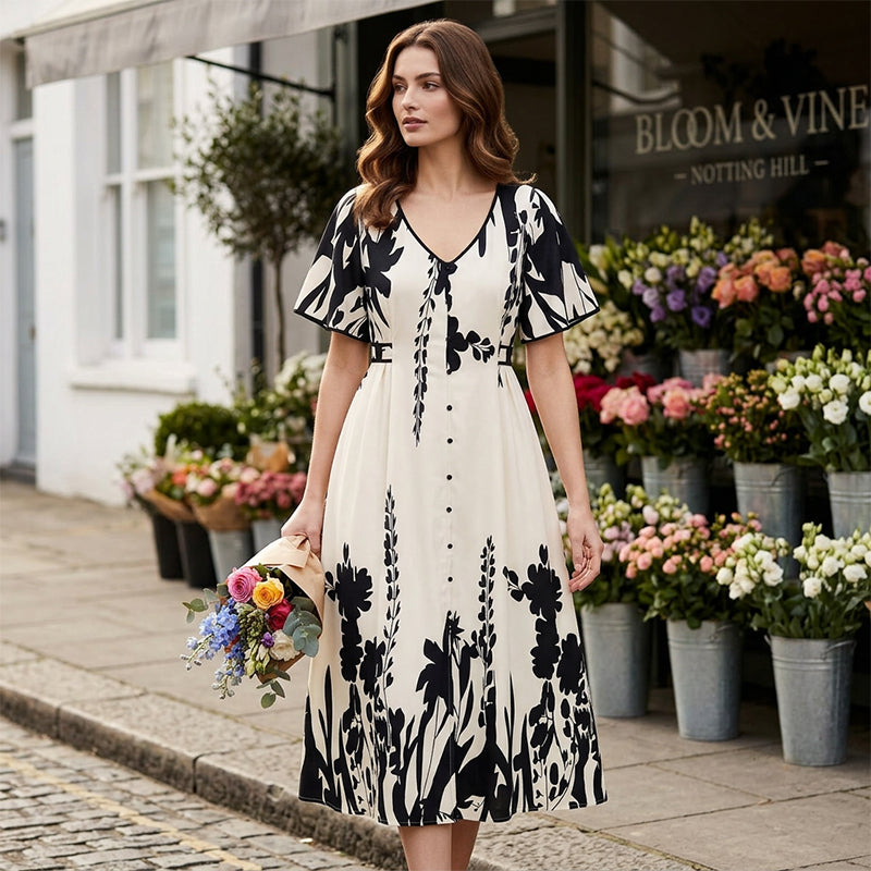 Botanical Floral Button-Down Midi Dress for Women