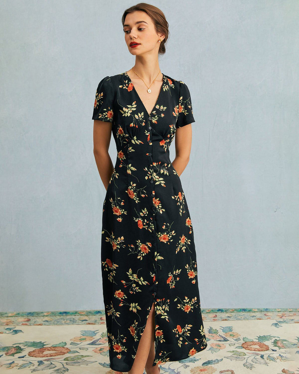 Vintage Floral Button-Down Maxi Dress for Women - gallery