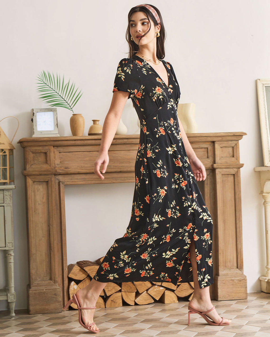 Vintage Floral Button-Down Maxi Dress for Women - gallery