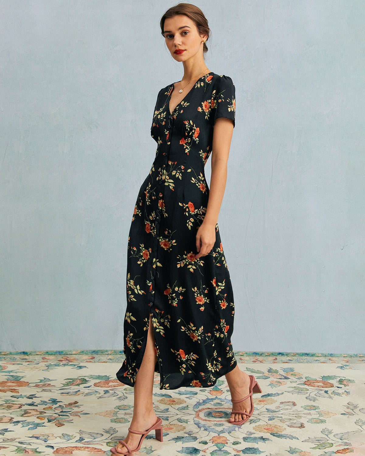 Vintage Floral Button-Down Maxi Dress for Women