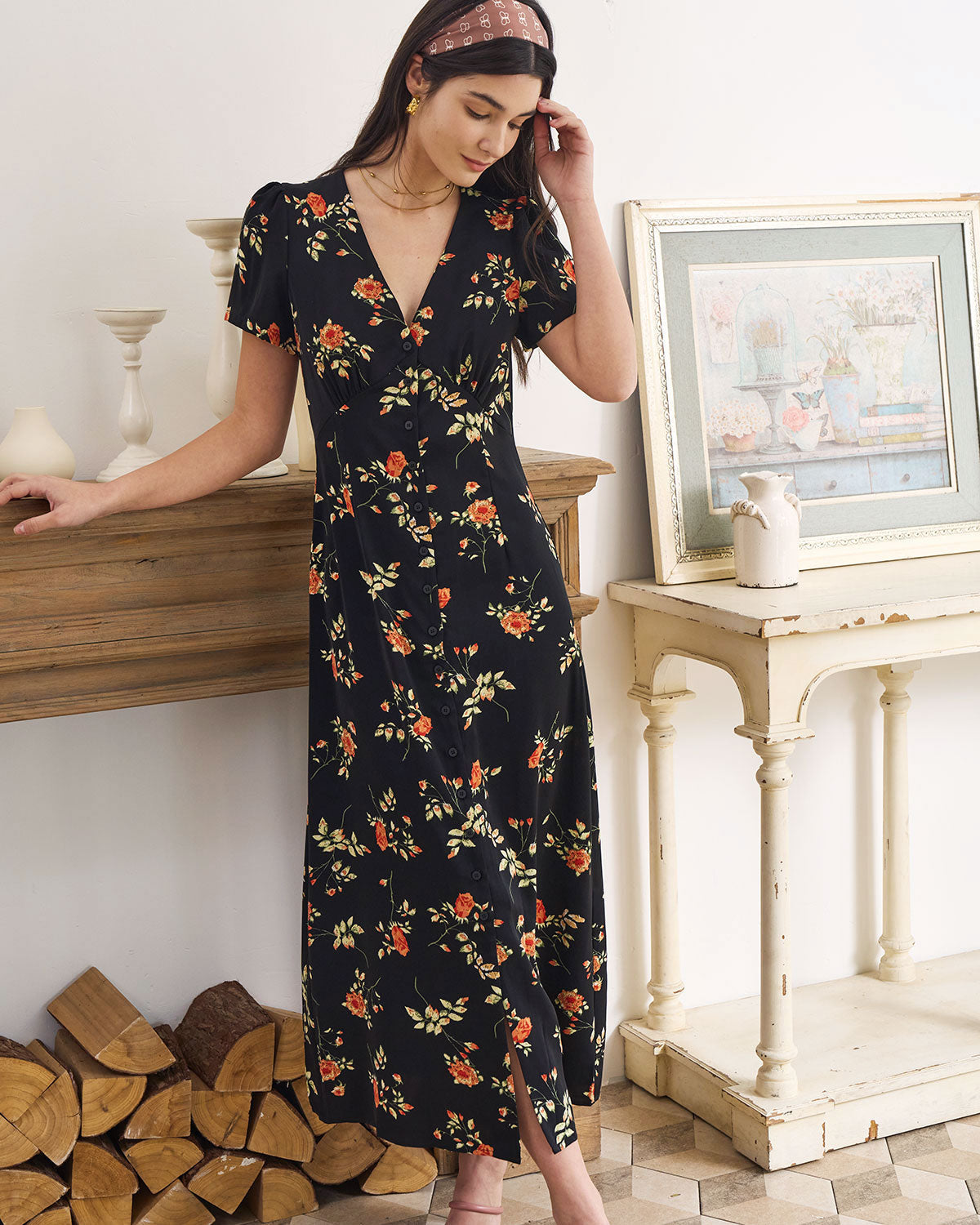 Vintage Floral Button-Down Maxi Dress for Women - gallery