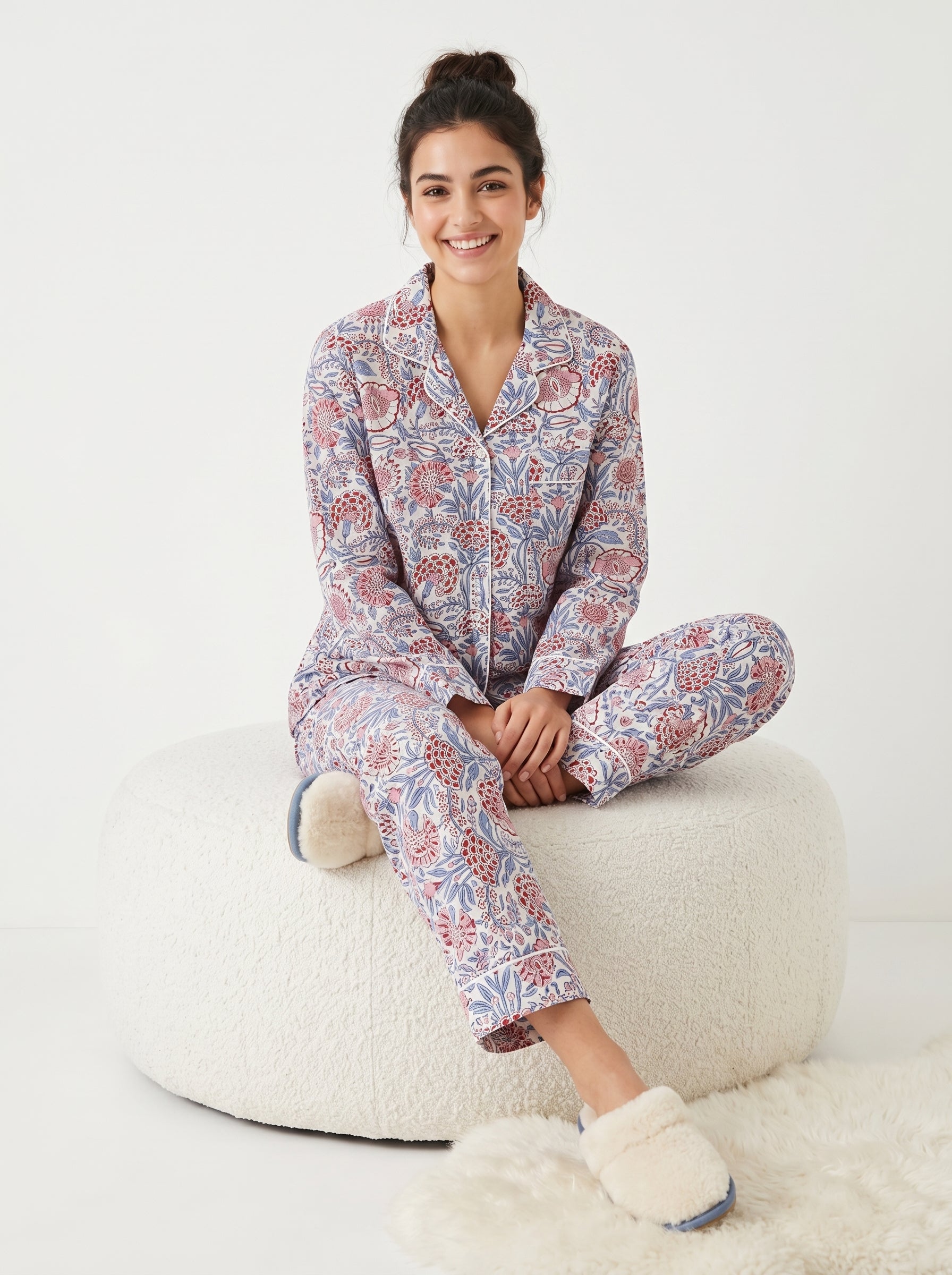 White Mini Floral Print Cotton Pajama Set for Women - gallery