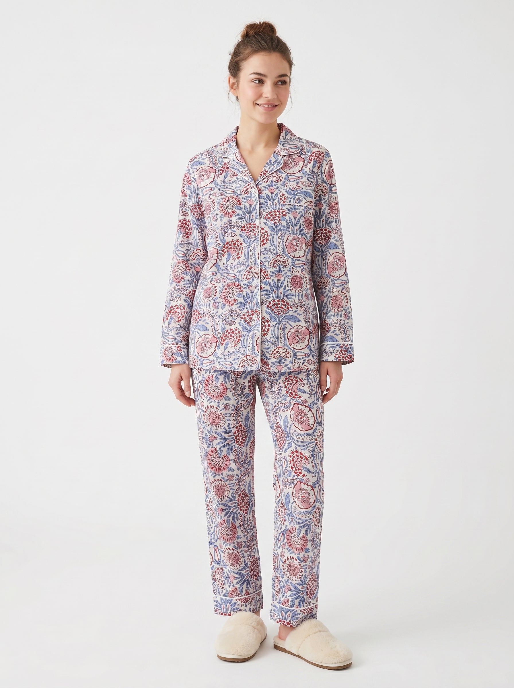 White Mini Floral Print Cotton Pajama Set for Women