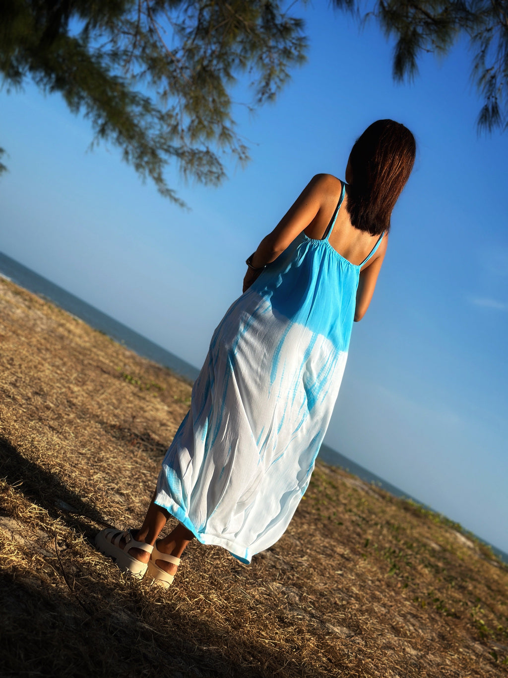 Shibori Tie-Dye Halter Dress for Women — Blue Split Detail - gallery