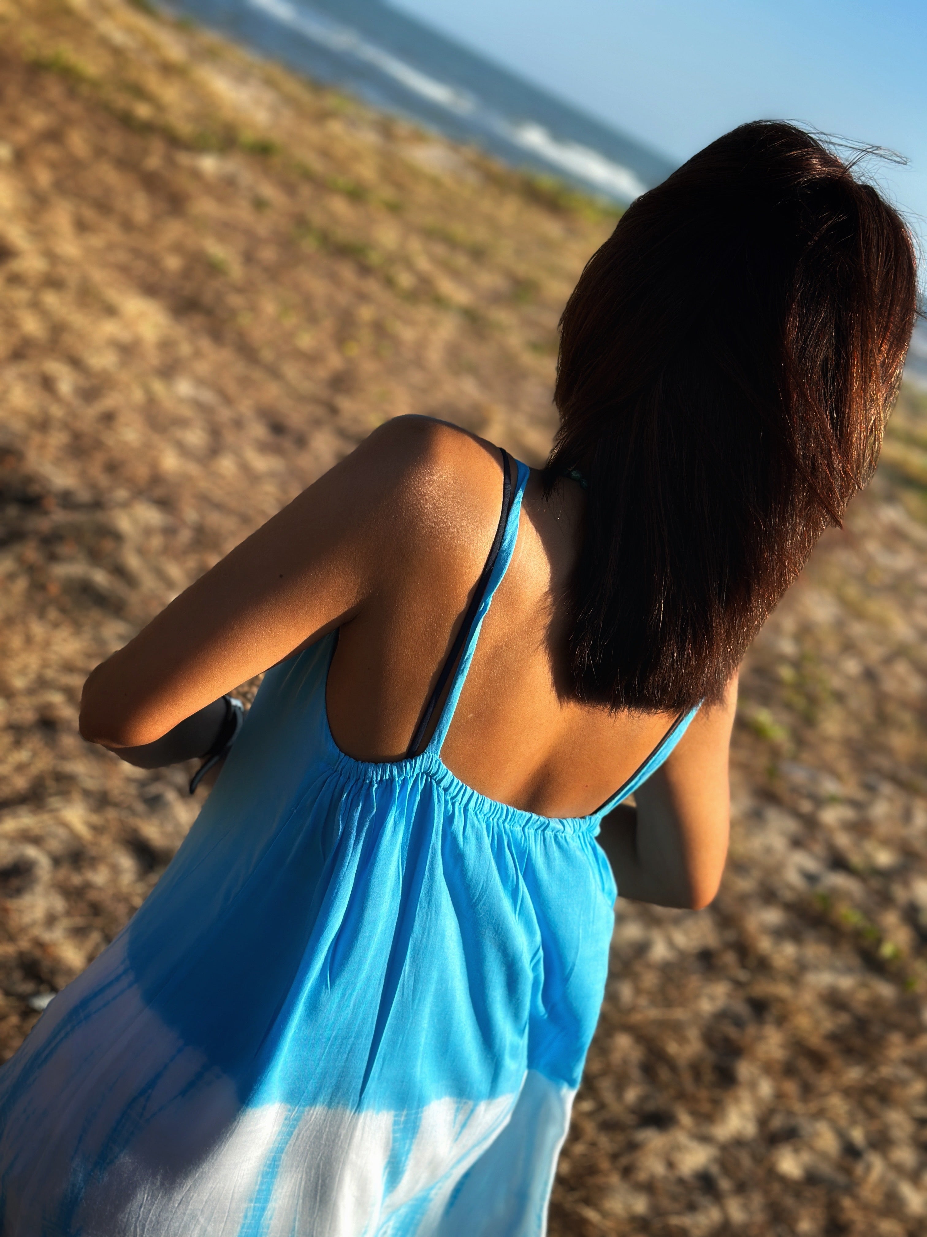 Shibori Tie-Dye Halter Dress for Women — Blue Split Detail - gallery