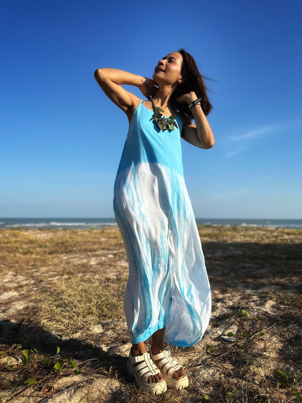 Shibori Tie-Dye Halter Dress for Women — Blue Split Detail - gallery