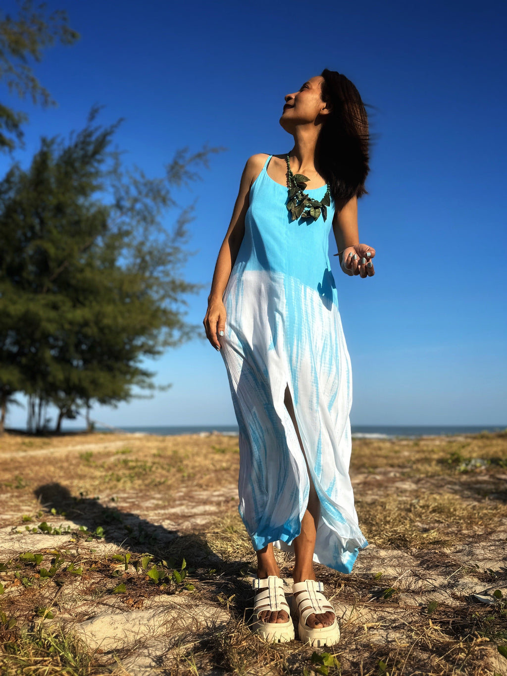Shibori Tie-Dye Halter Dress for Women — Blue Split Detail - gallery