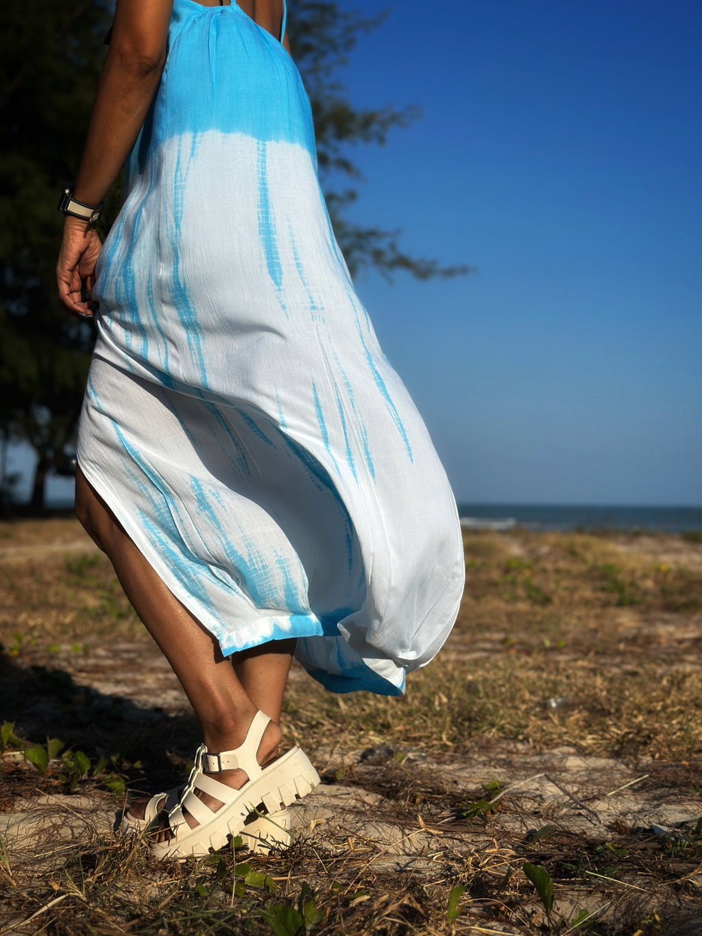 Shibori Tie-Dye Halter Dress for Women — Blue Split Detail - gallery