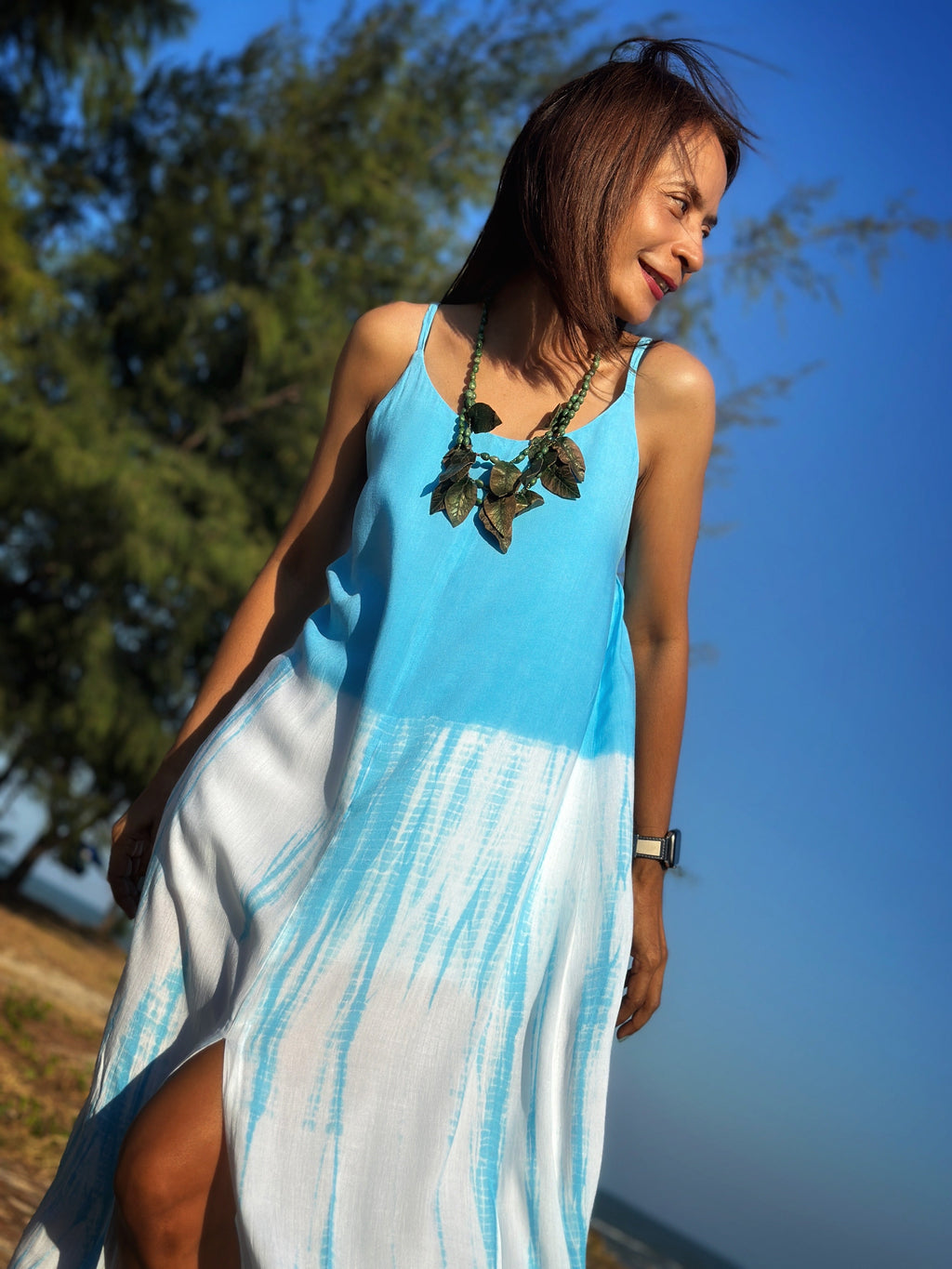 Shibori Tie-Dye Halter Dress for Women — Blue Split Detail