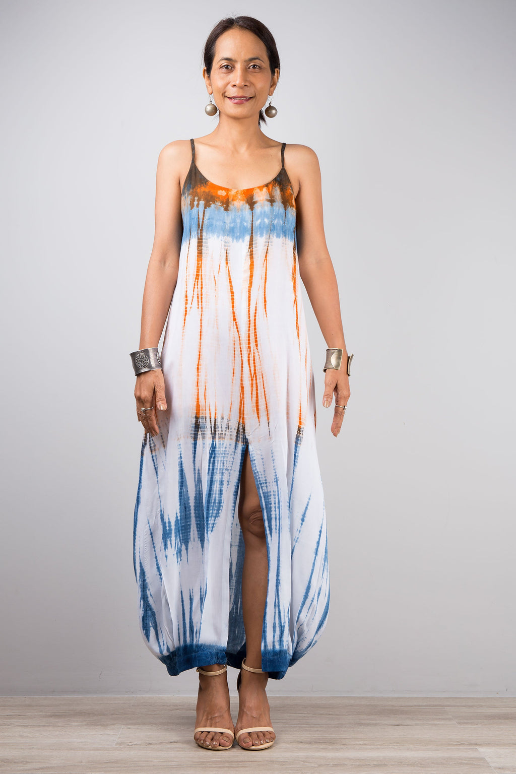 Shibori Tie-Dye Strap Dress for Women — Orange and Blue Split