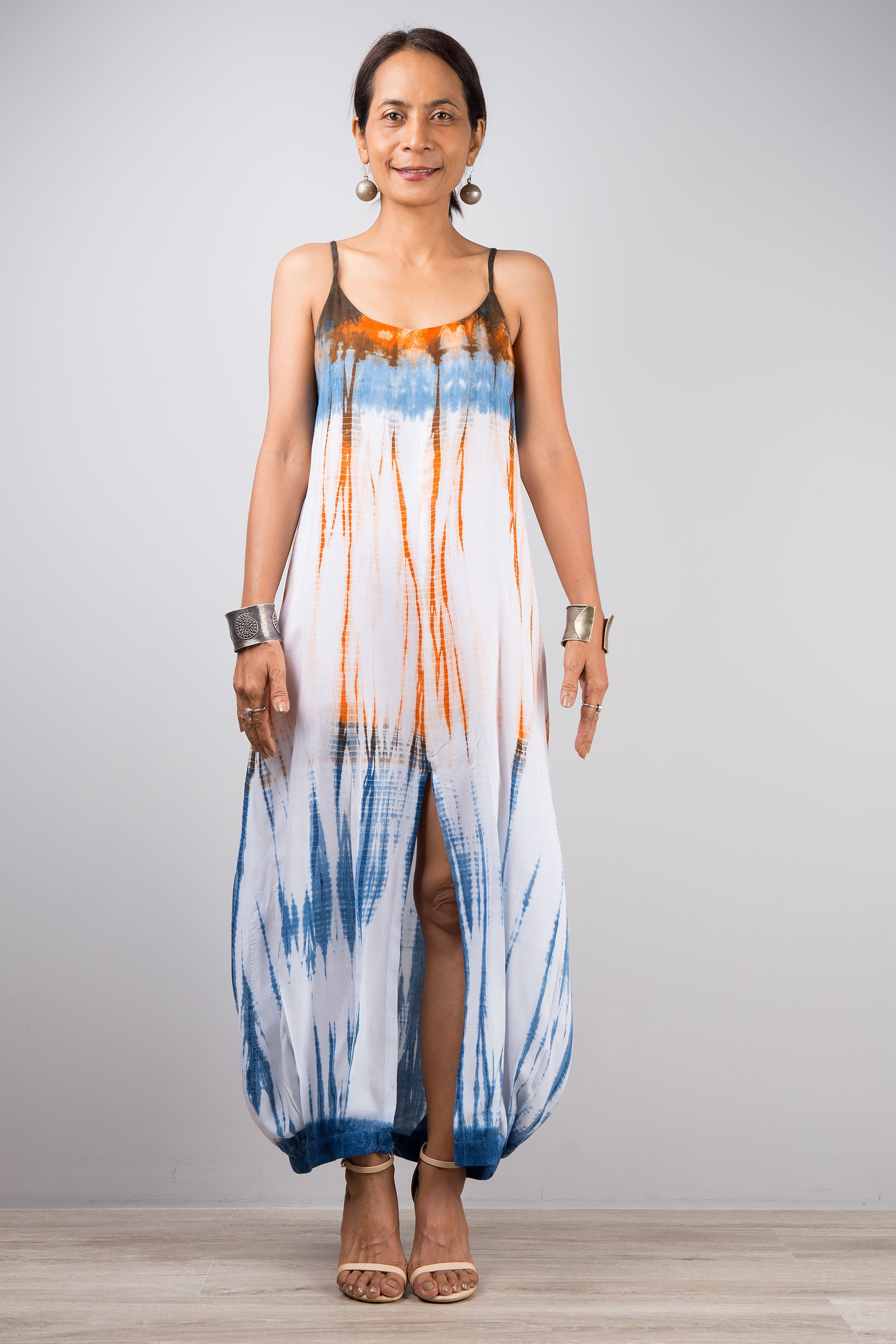 Shibori Tie-Dye Strap Dress for Women — Orange and Blue Split
