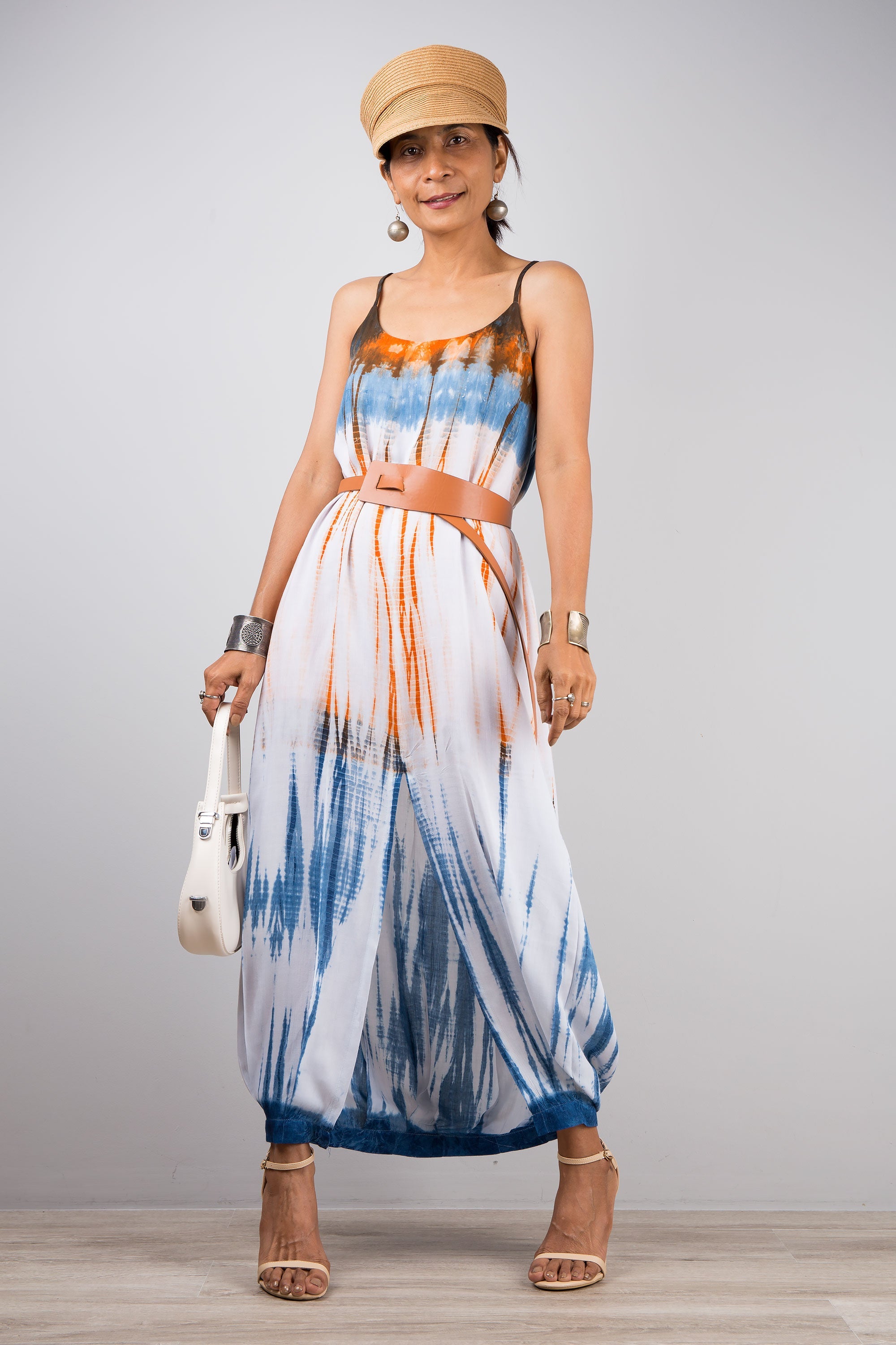 Shibori Tie-Dye Strap Dress for Women — Orange and Blue Split - gallery