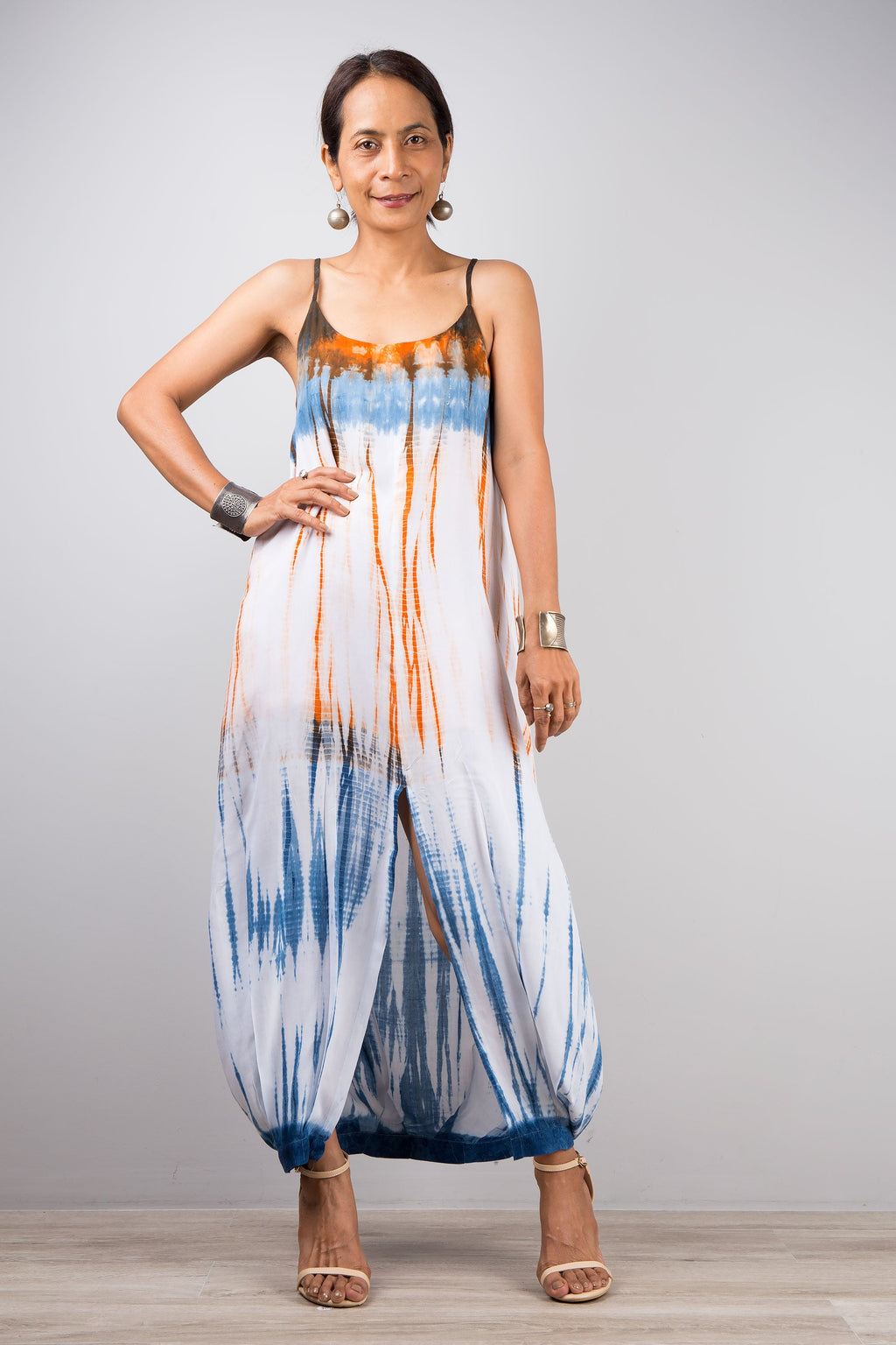 Shibori Tie-Dye Strap Dress for Women — Orange and Blue Split - gallery