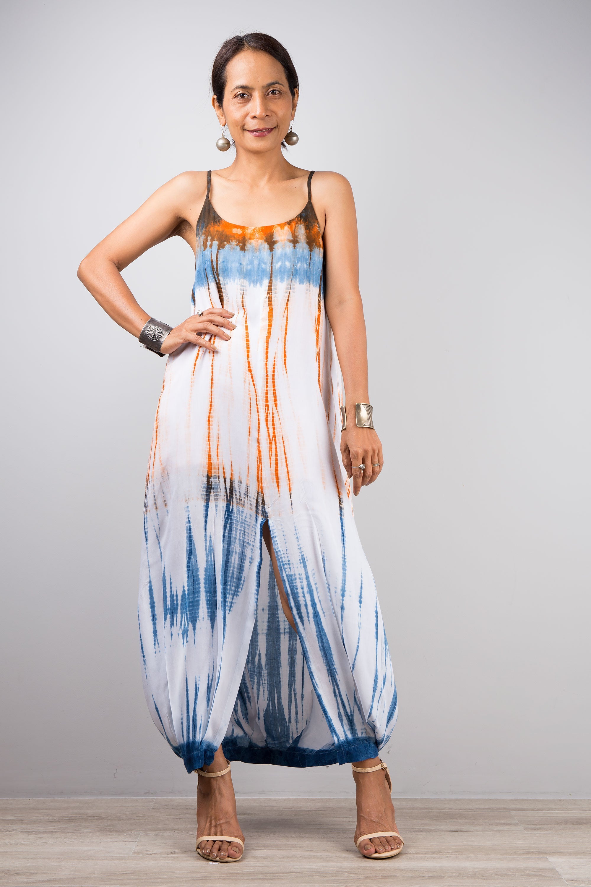Shibori Tie-Dye Strap Dress for Women — Orange and Blue Split - gallery