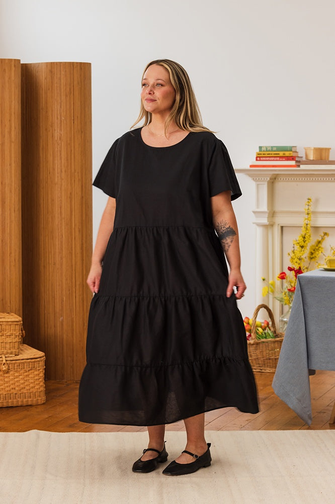 Chalet Tiered Dress Cotton Linen - Black