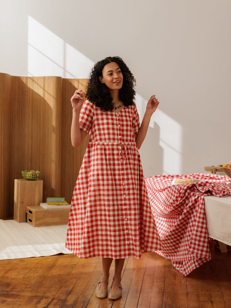 Nell Midi Dress - Fig Toast Gingham