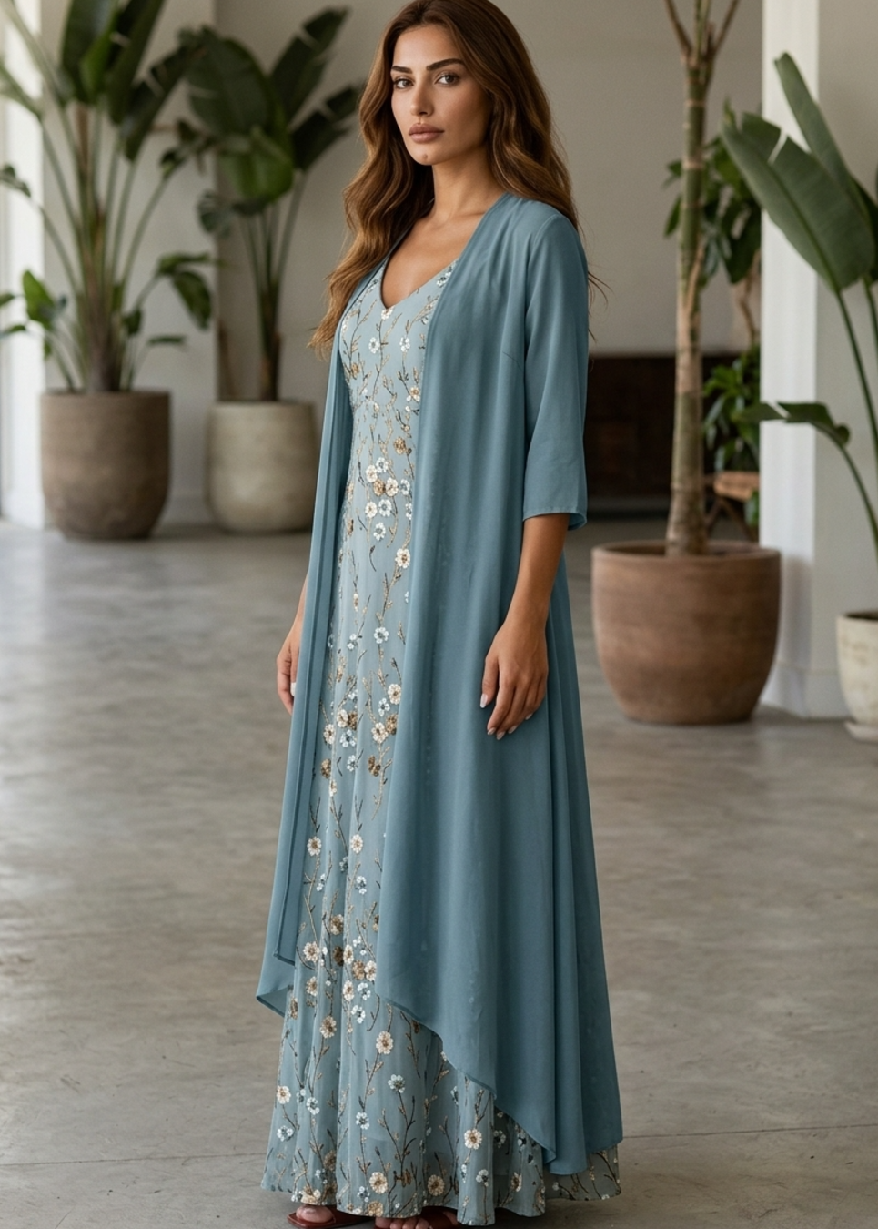 Floral Embroidered Maxi Dress and Duster Cardigan Set for Women - gallery