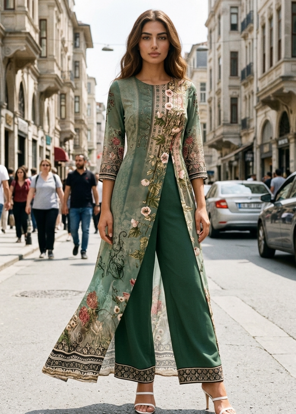 Floral Print Longline Tunic and Wide Leg Trousers Set for Women