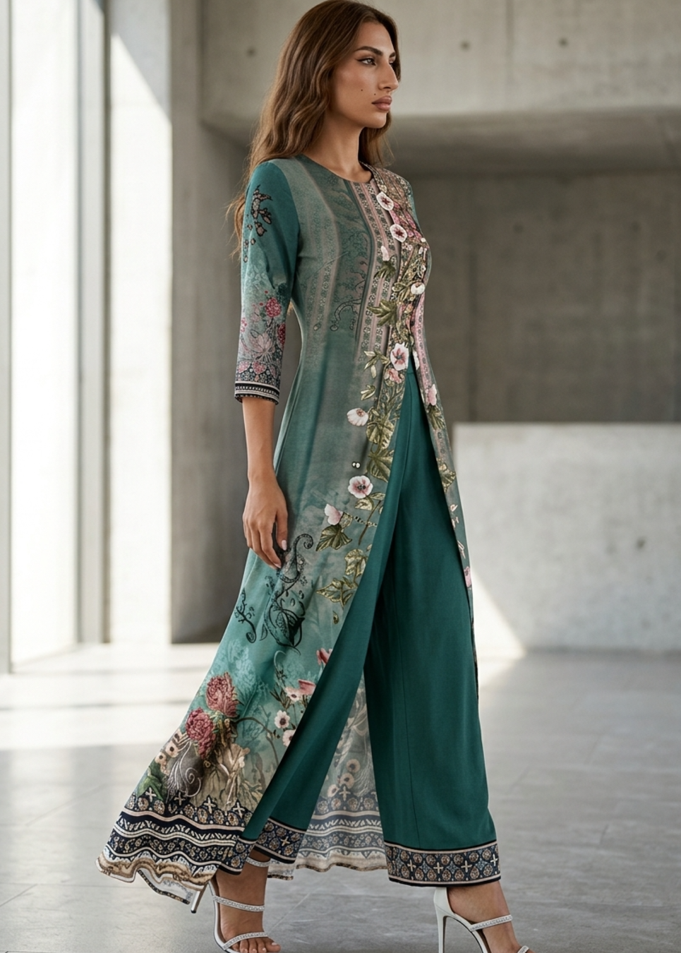 Floral Print Longline Tunic and Wide Leg Trousers Set for Women - gallery