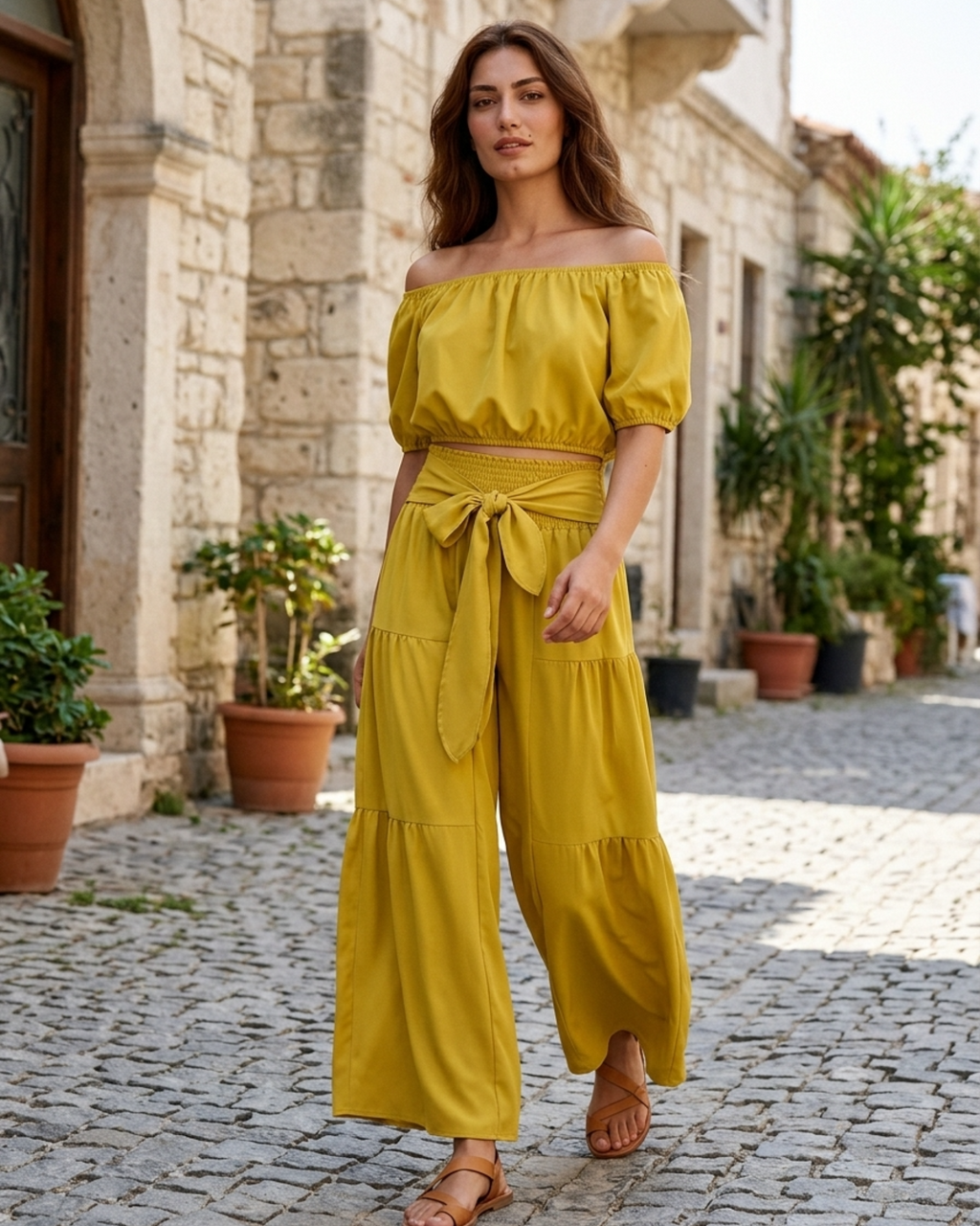 Off-Shoulder Crop Top and Tiered Wide Leg Trousers Set for Women