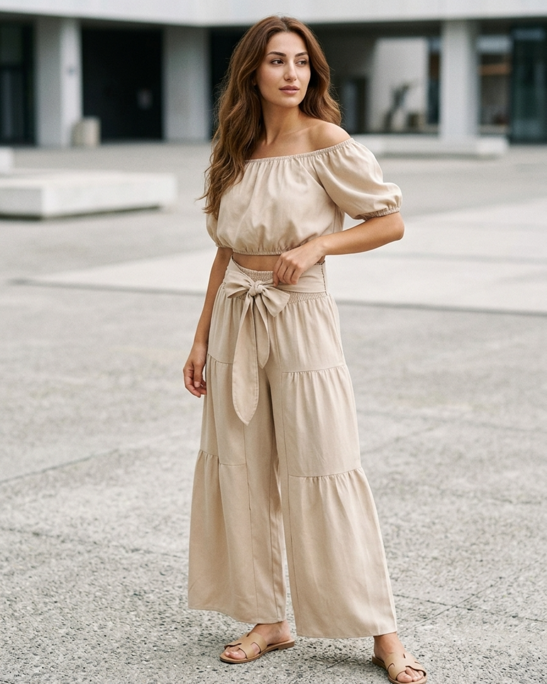 Off-Shoulder Crop Top and Tiered Wide Leg Trousers Set for Women - gallery
