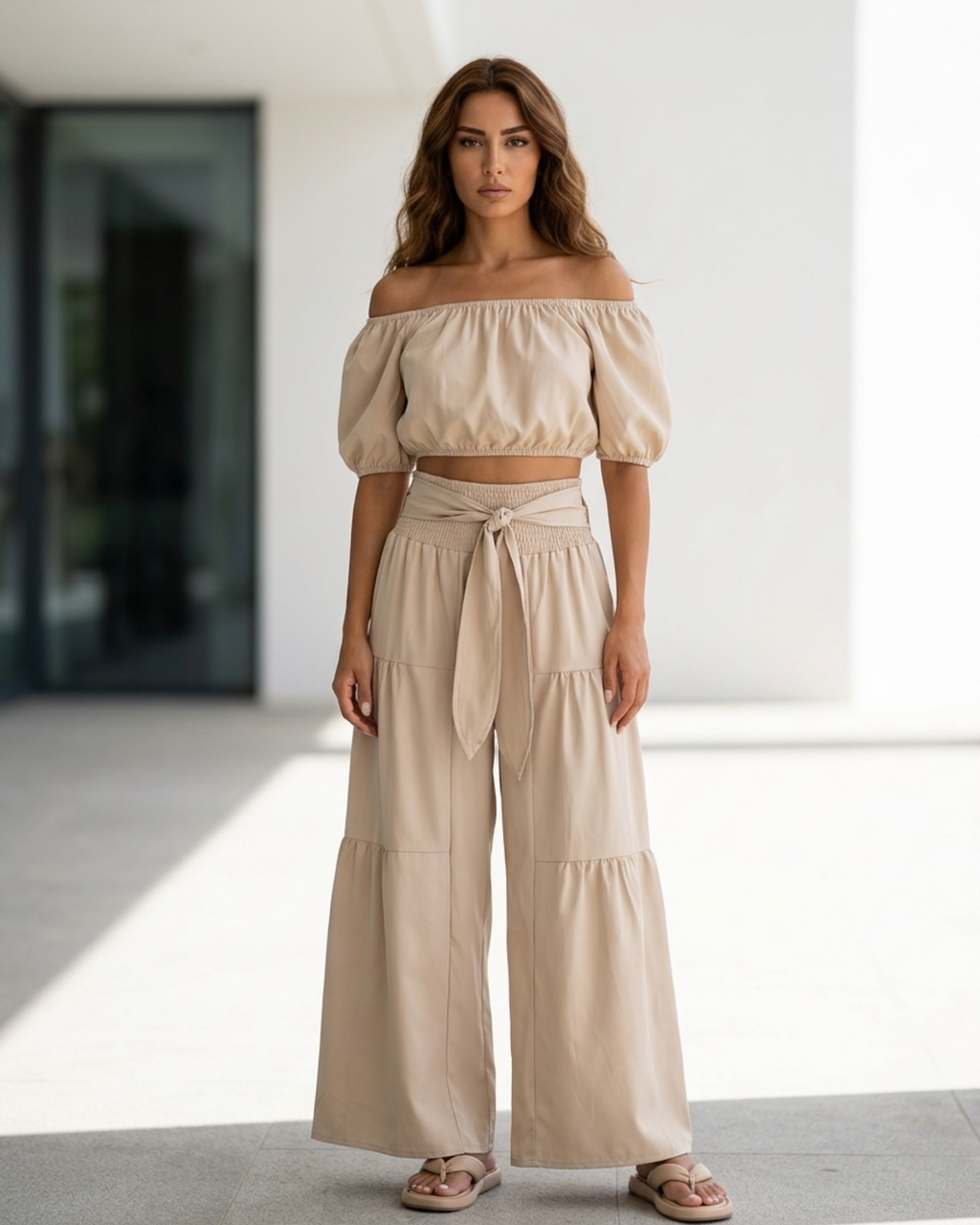 Off-Shoulder Crop Top and Tiered Wide Leg Trousers Set for Women - gallery
