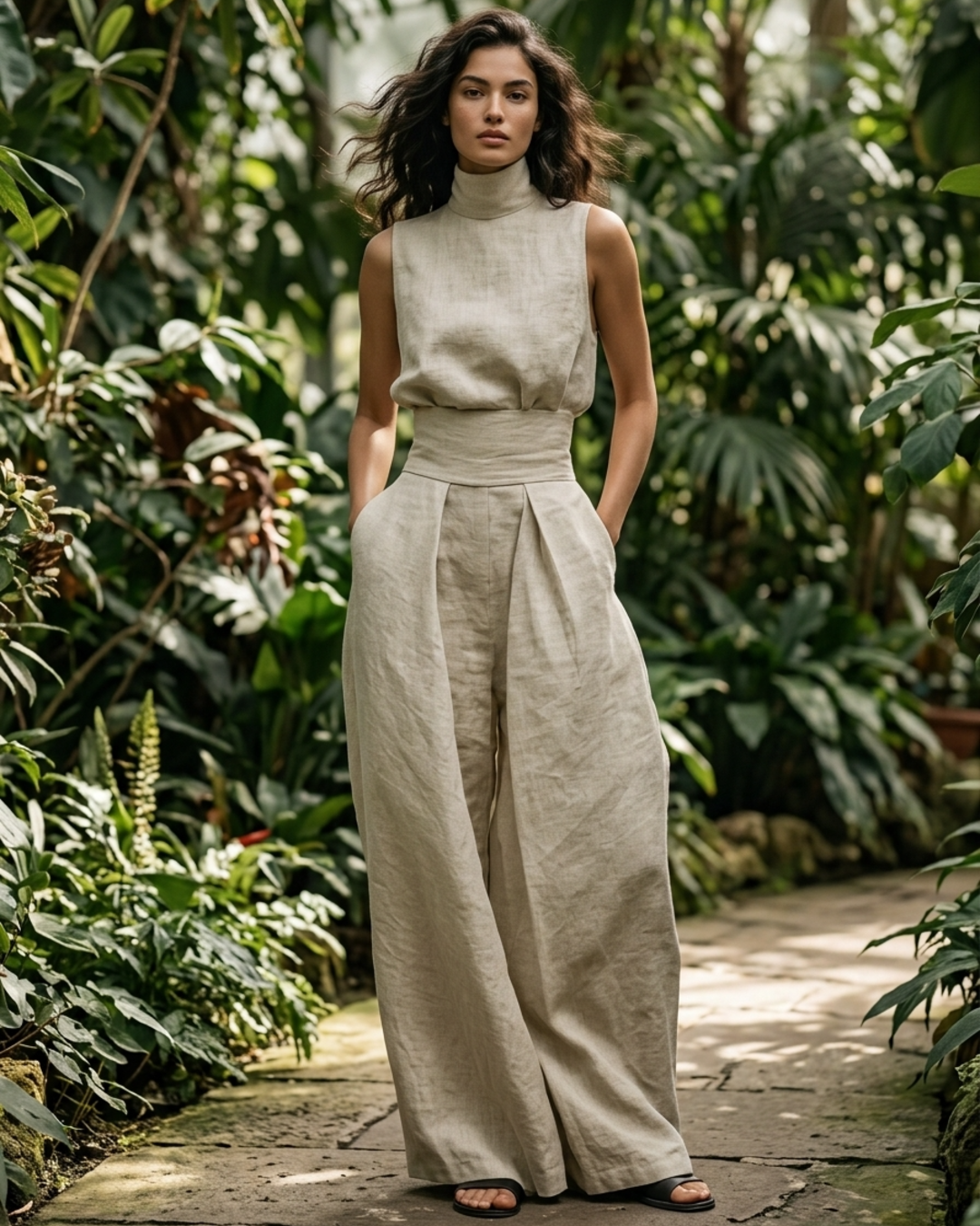 Linen Mock Neck Top and Wide Leg Pants Set for Women — Minimalist - gallery