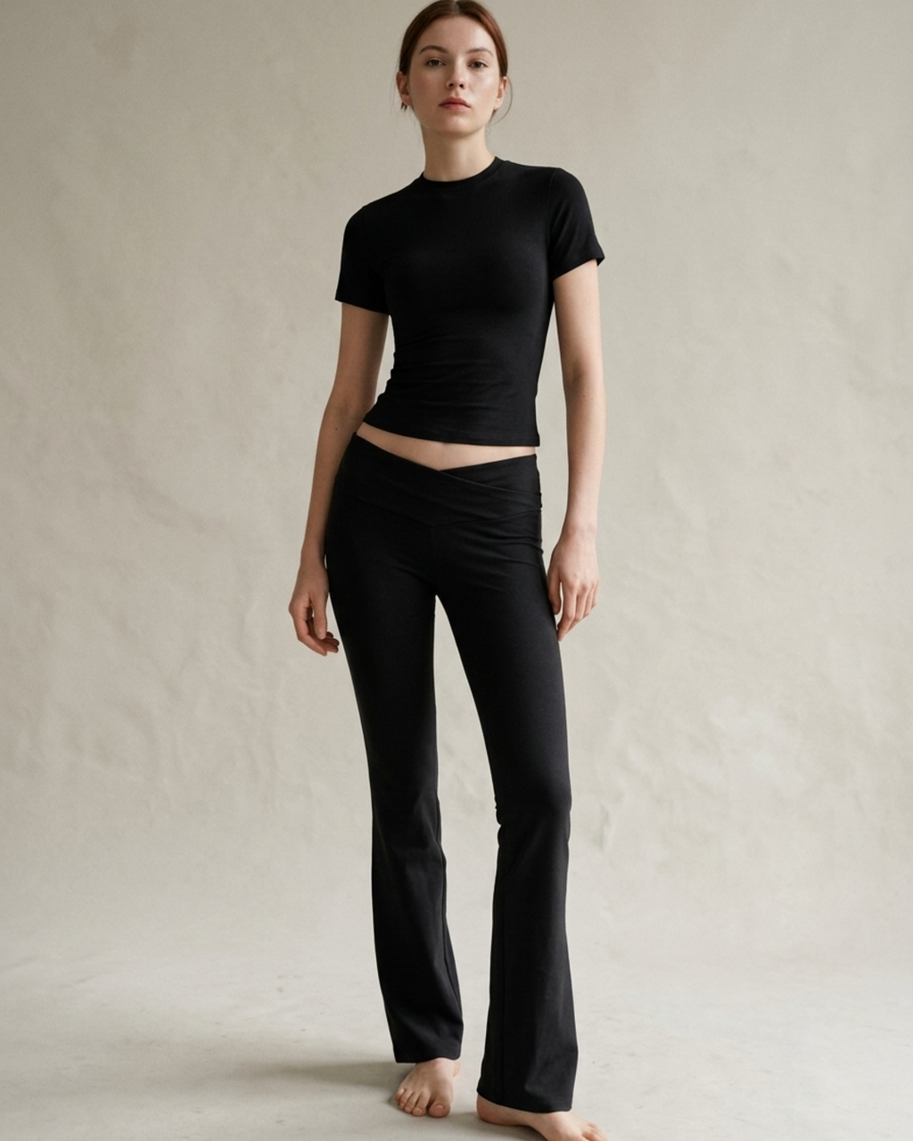 Fitted Short Sleeve Top and Flare Yoga Pants Set for Women - gallery