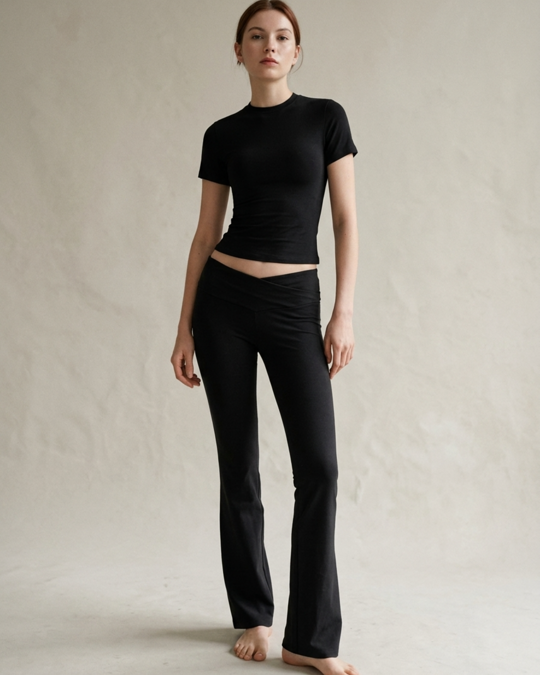 Fitted Short Sleeve Top and Flare Yoga Pants Set for Women - gallery