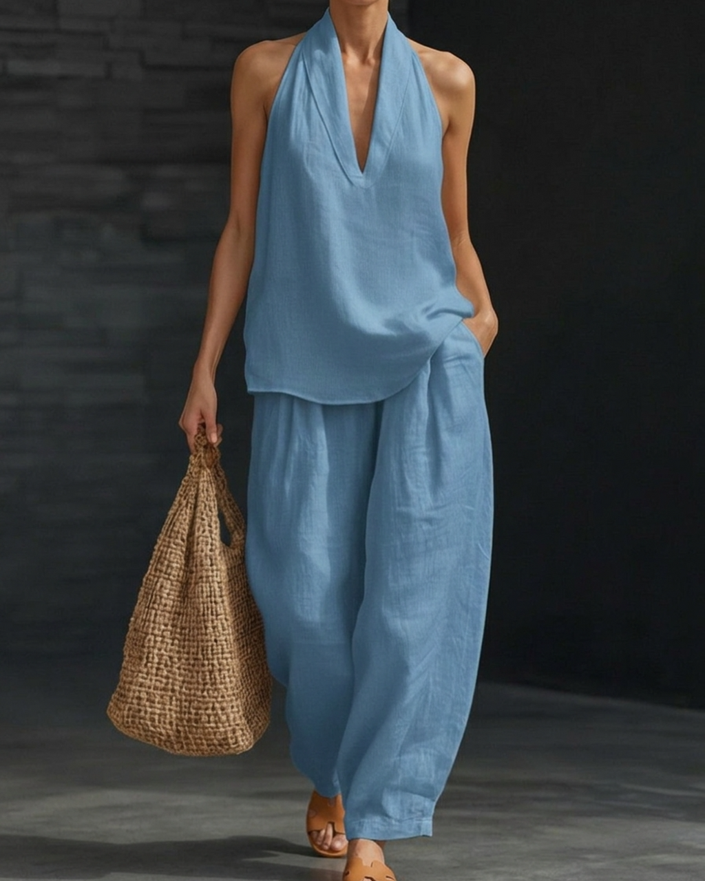 Linen Halter Top and Wide Leg Pants Set for Women — Co-ord - Blue