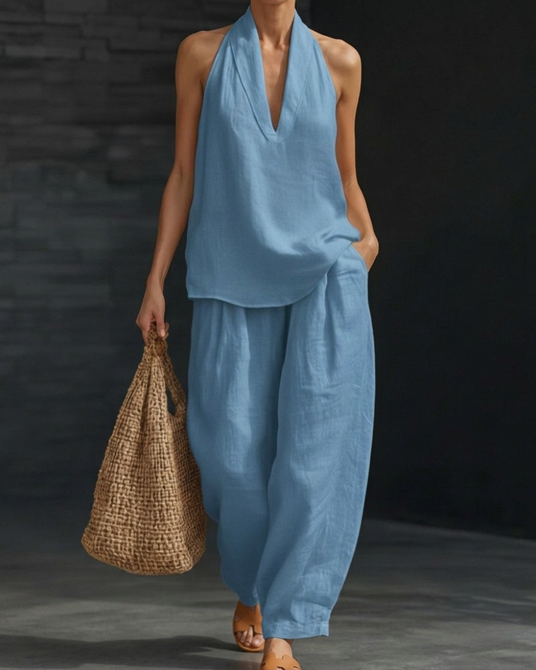 Linen Halter Top and Wide Leg Pants Set for Women — Co-ord - Blue