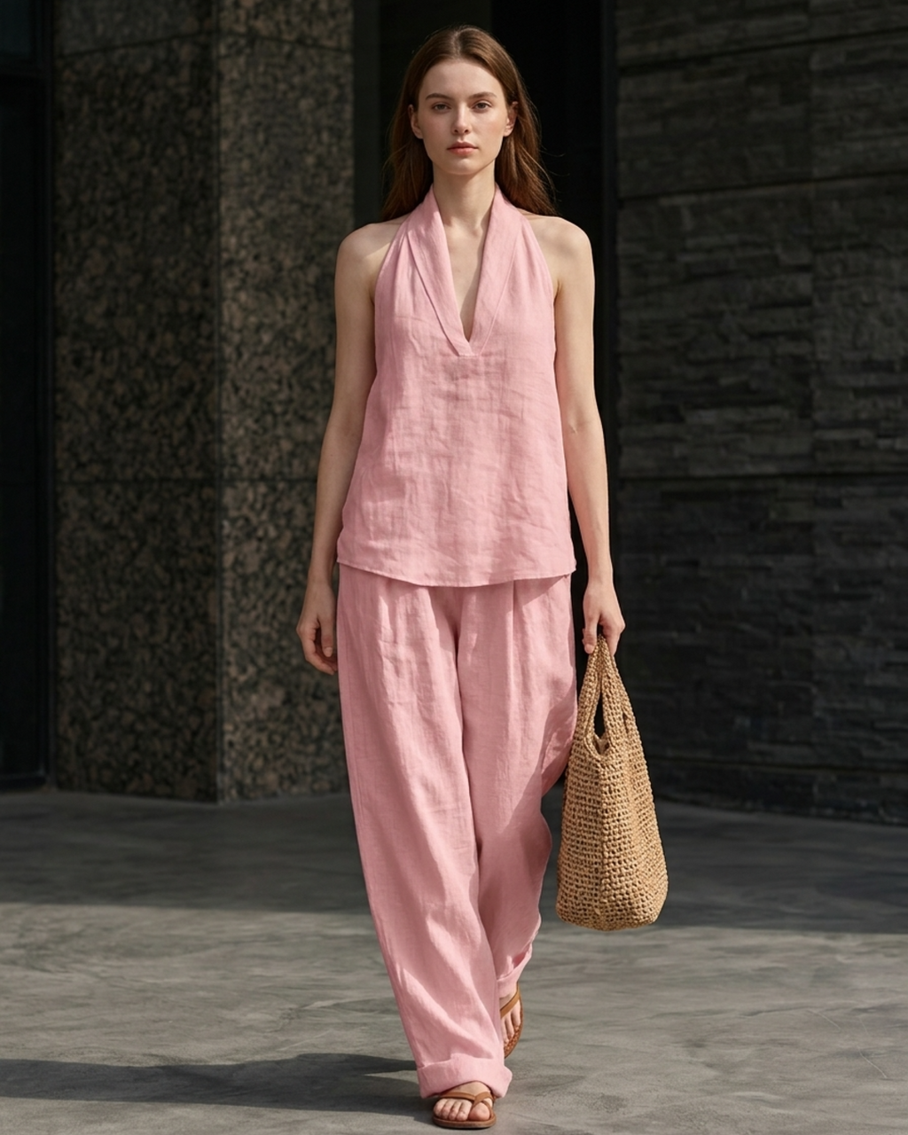 Linen Halter Top and Wide Leg Pants Set for Women — Co-ord - gallery