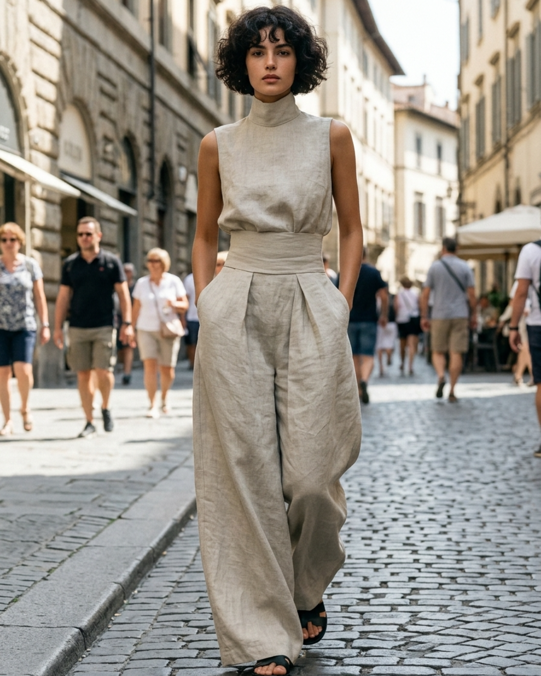 Linen Mock Neck Top and Wide Leg Pants Set for Women — Minimalist