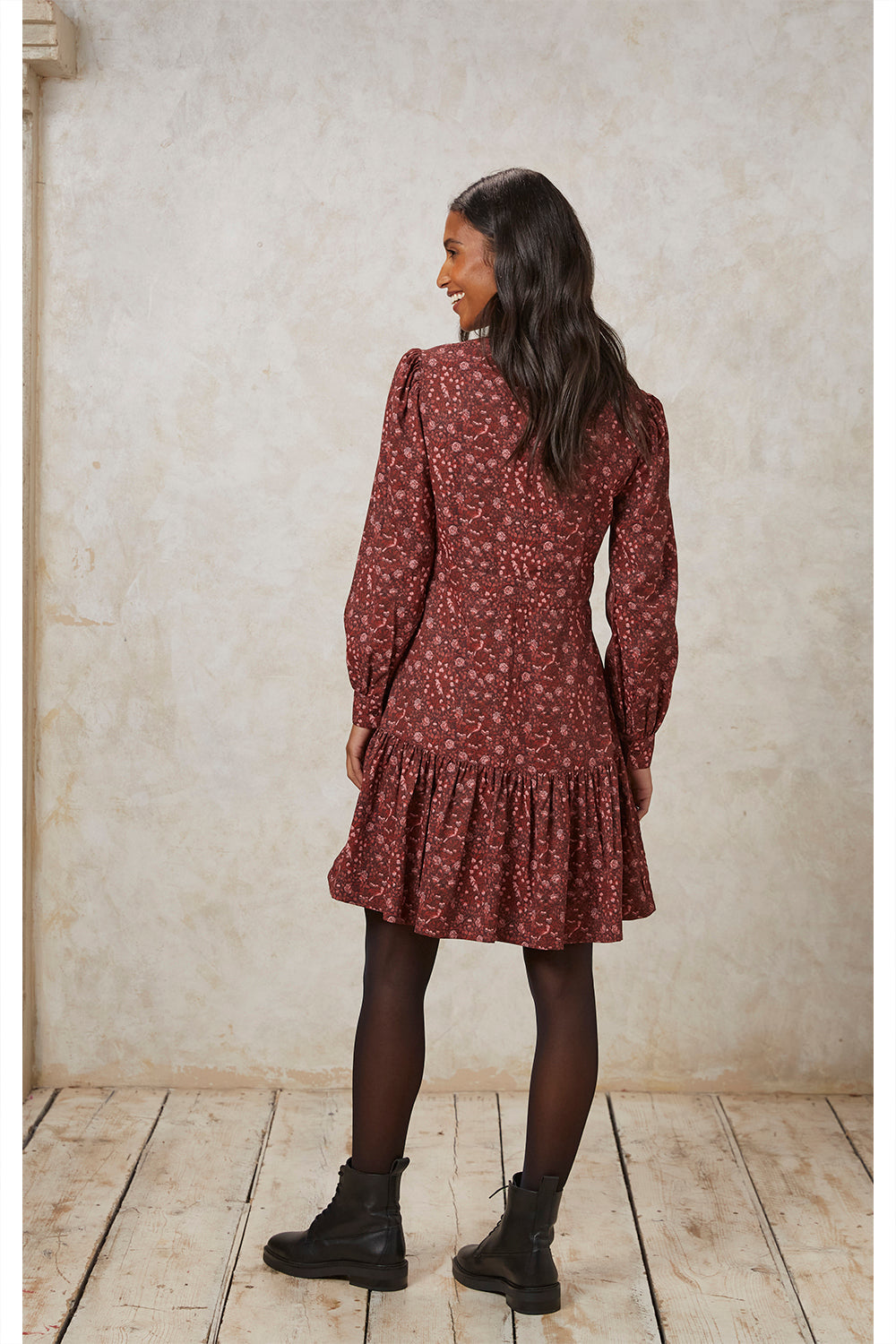 Ruffle Tiered V-Neck Dress for Women — Arts and Crafts Print - gallery