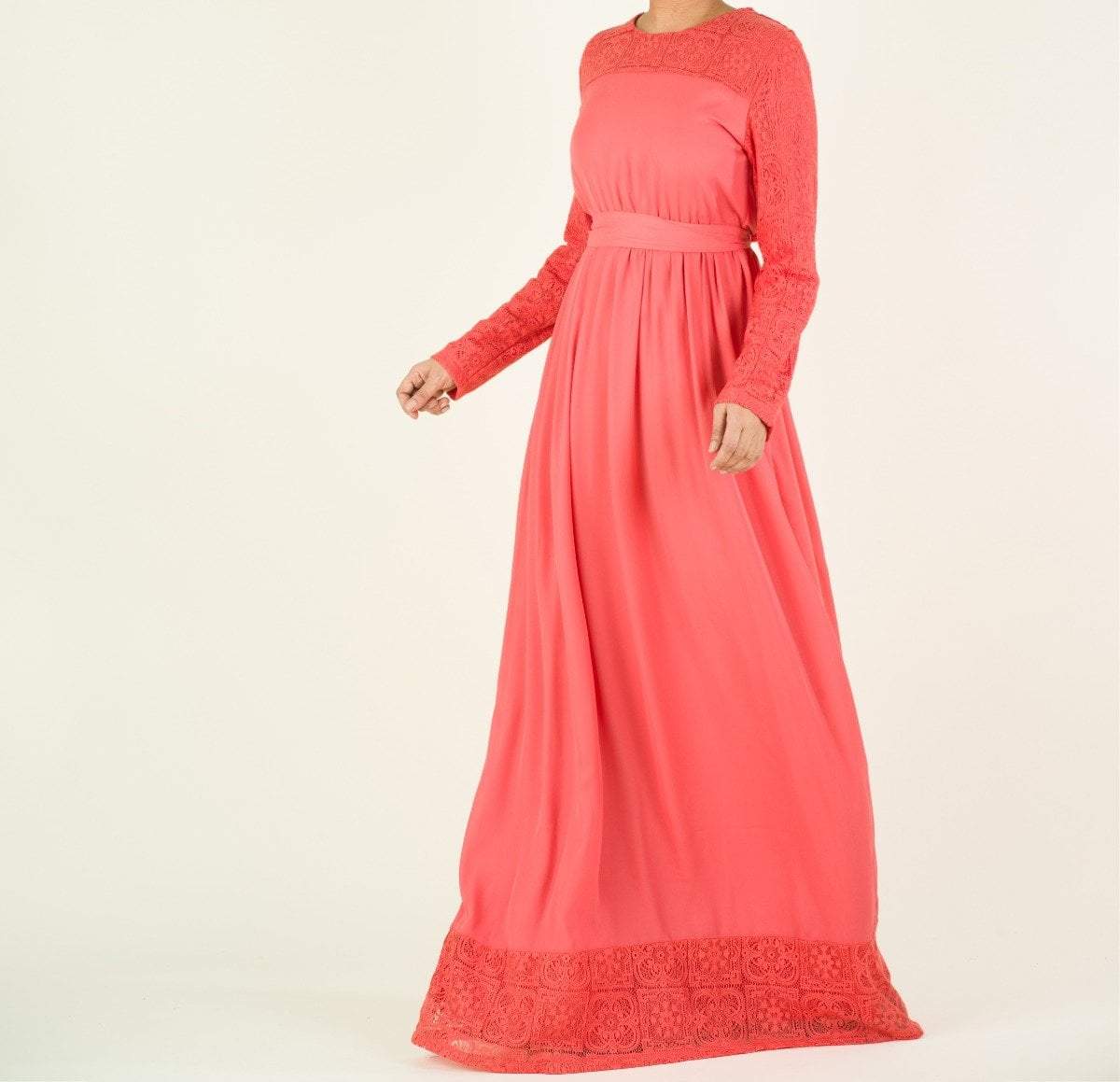 Lace Detailed Chiffon Modest Dress for Women — Sash Waist Flowing - Coral
