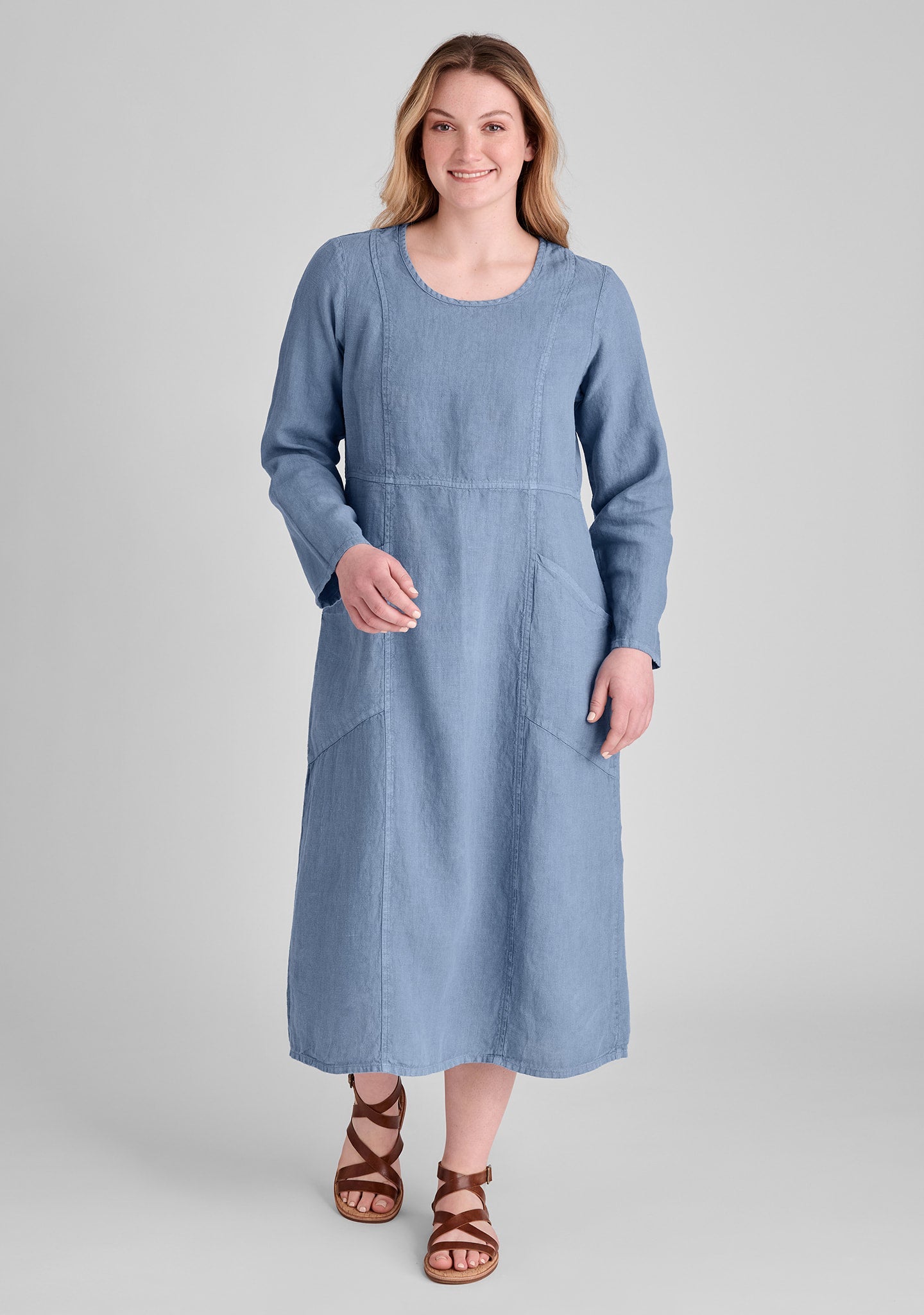 Vintage Linen Scoop Neck Dress for Women - Cool Blue