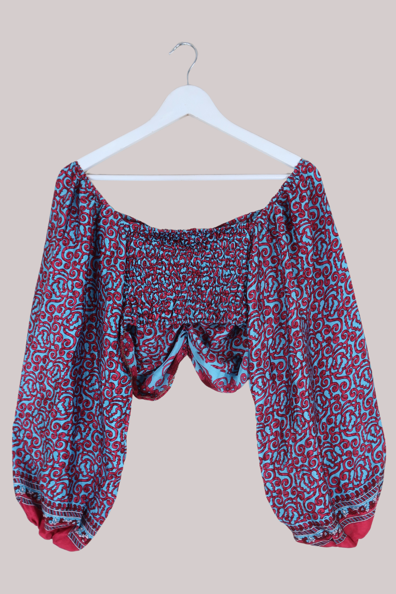 Ariel Top - Vintage Indian Sari - Blue & Cherry Floral - S/M - gallery