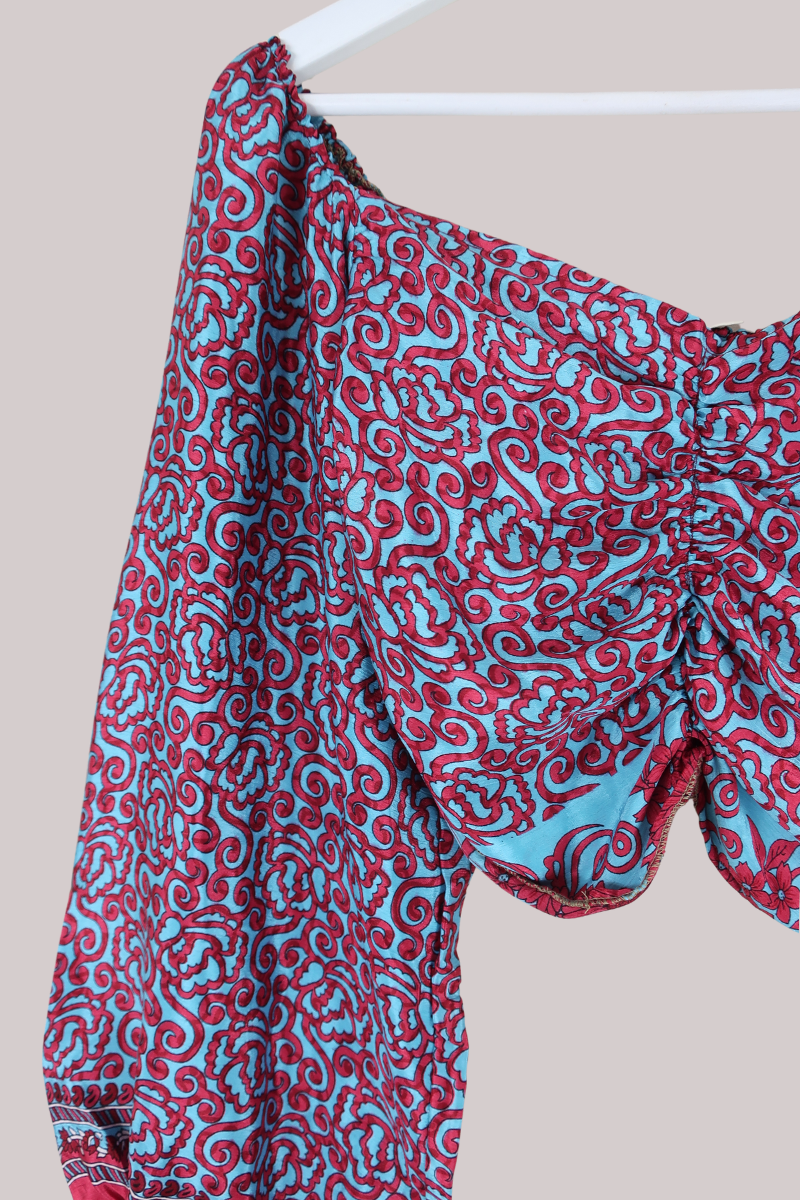 Ariel Top - Vintage Indian Sari - Blue & Cherry Floral - S/M - gallery