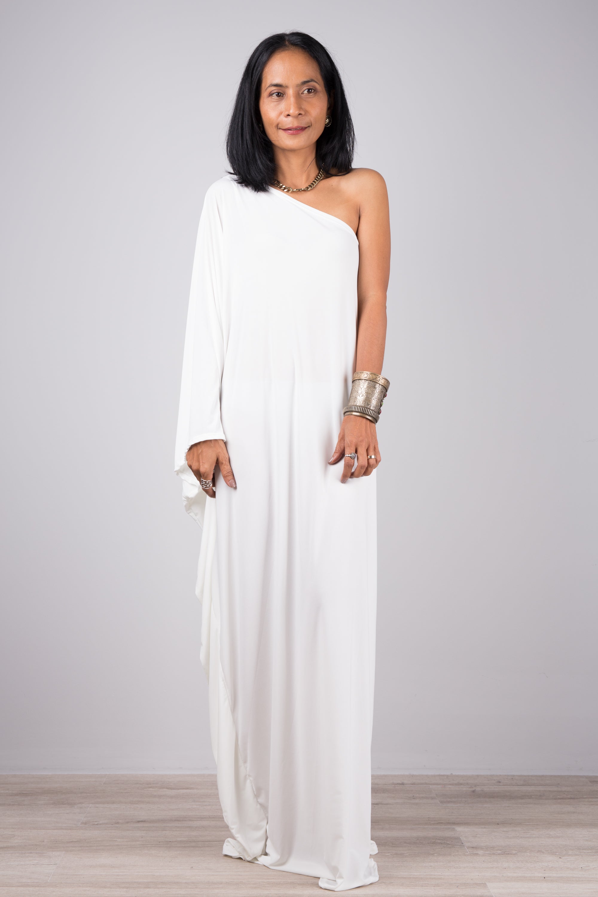 Off-White One Shoulder Kaftan Dress for Women — Maxi Length - gallery