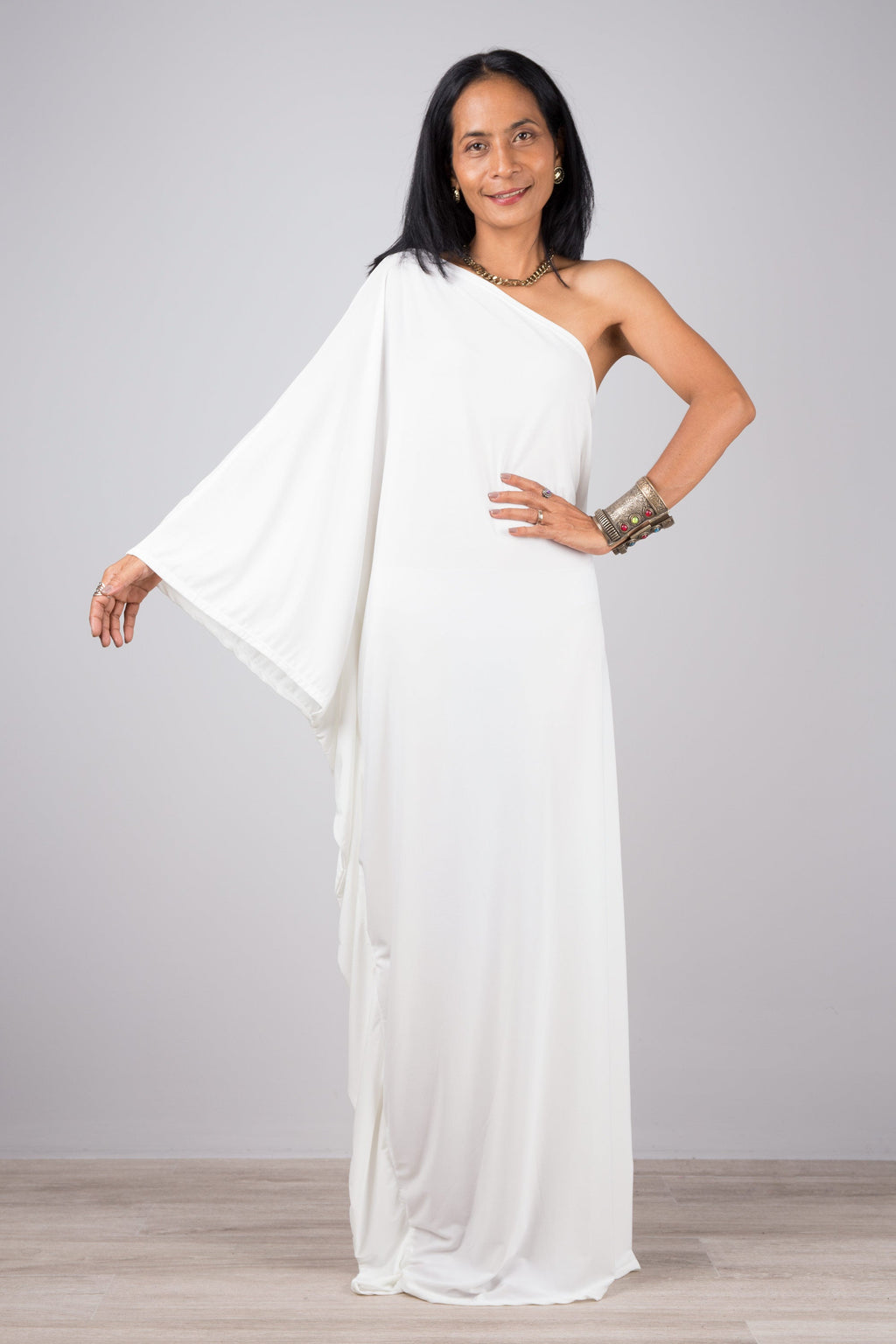 Off-White One Shoulder Kaftan Dress for Women — Maxi Length - gallery