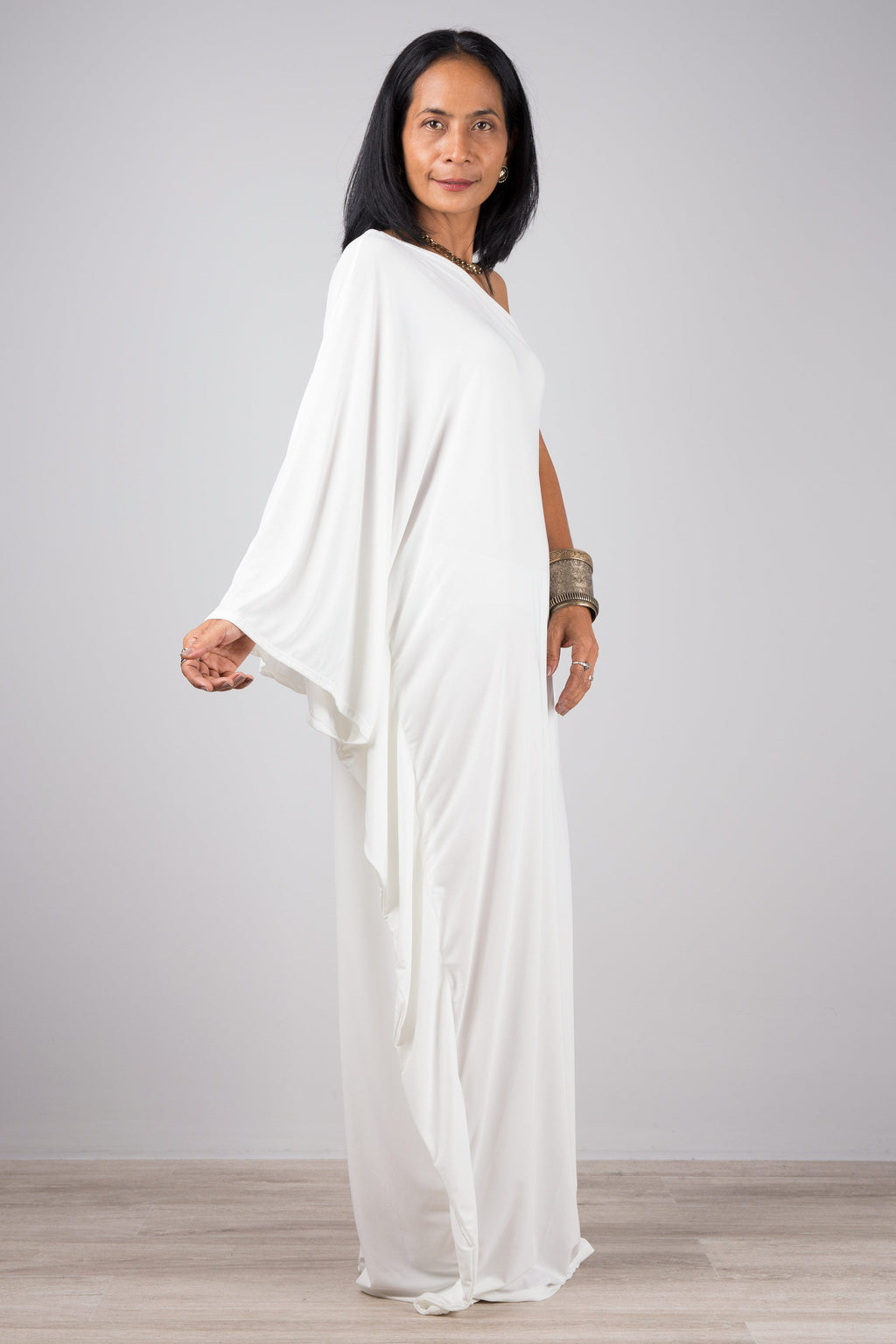 Off-White One Shoulder Kaftan Dress for Women — Maxi Length - gallery