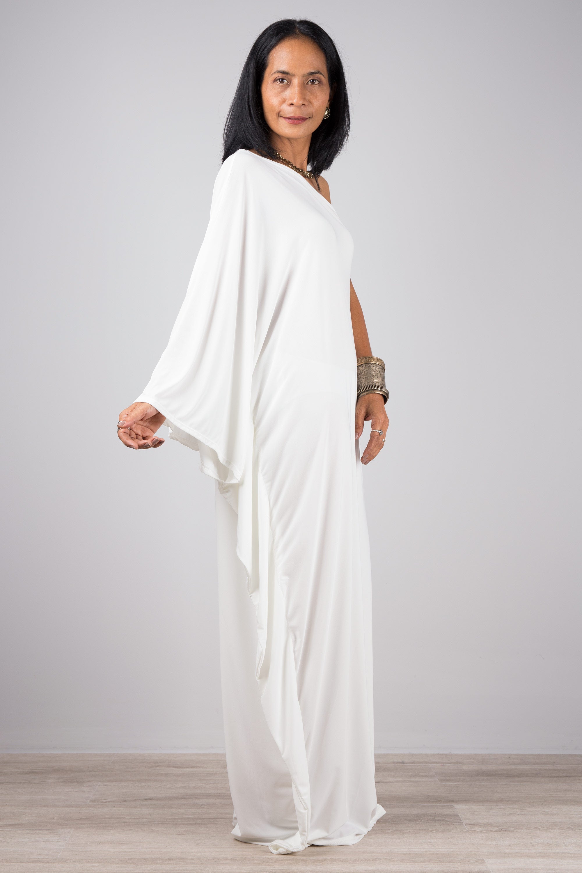 Off-White One Shoulder Kaftan Dress for Women — Maxi Length - gallery