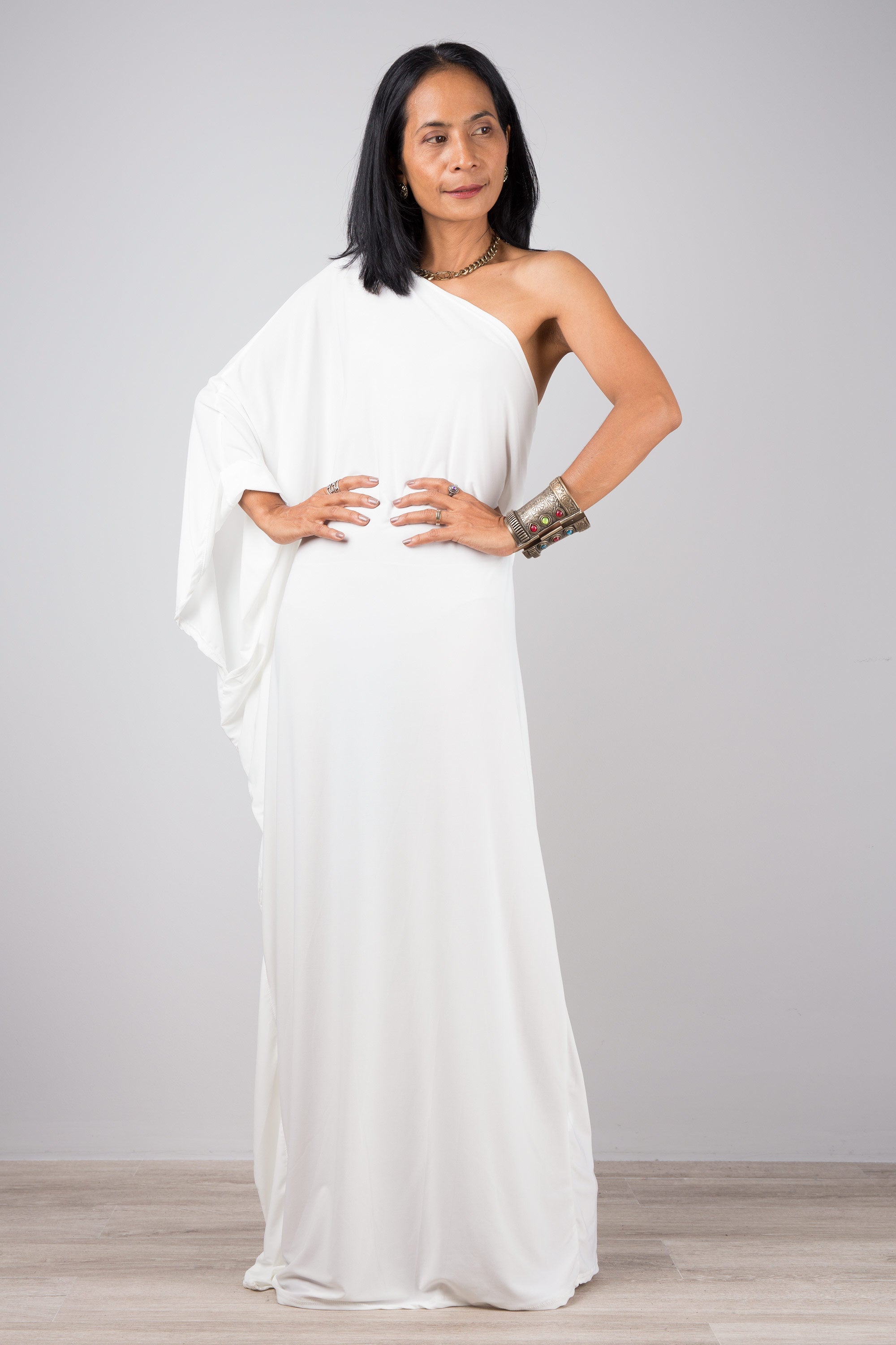 Off-White One Shoulder Kaftan Dress for Women — Maxi Length